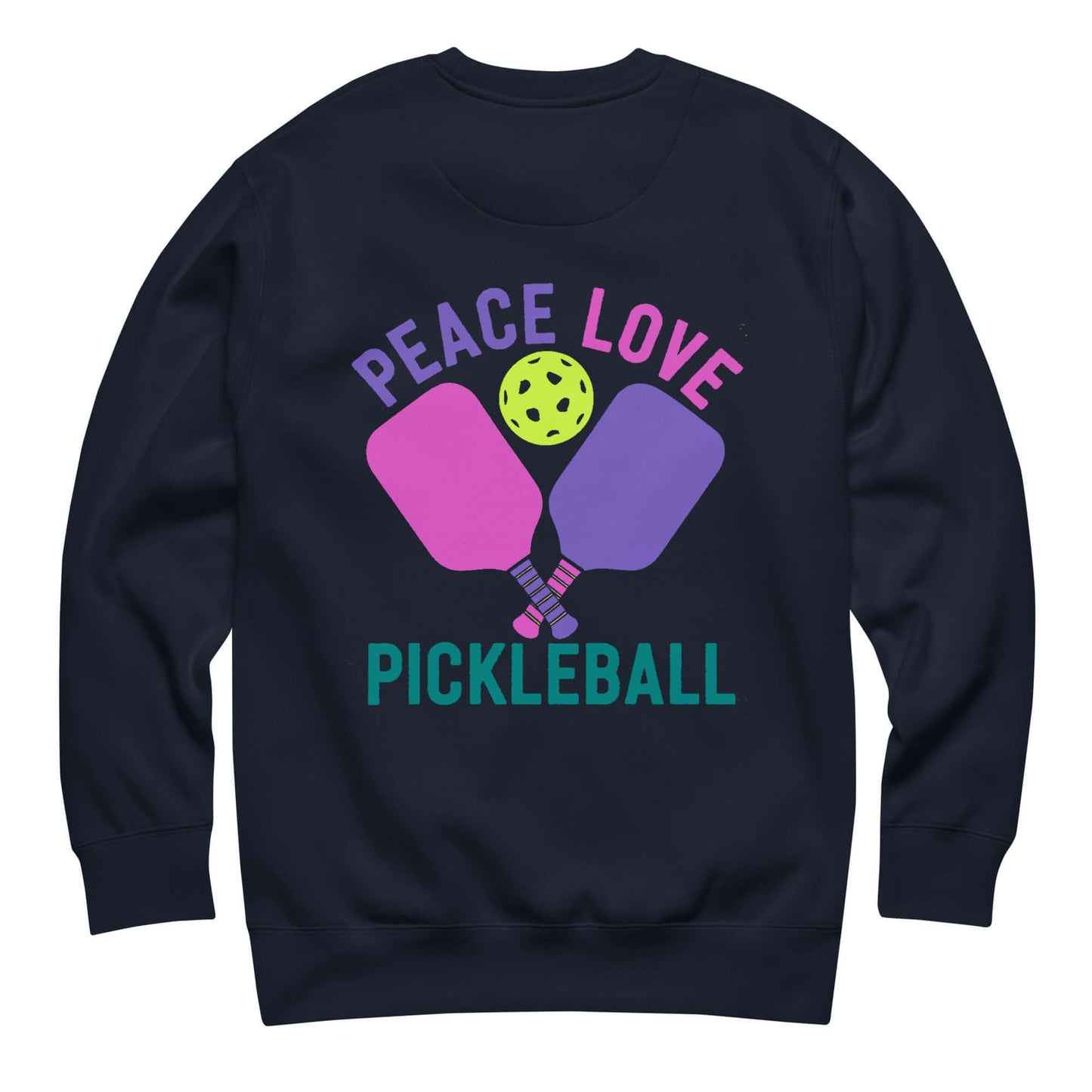 Women's Peace, Love, Pickleball Premium Sweatshirt featuring colorful paddles and a pickleball design.
