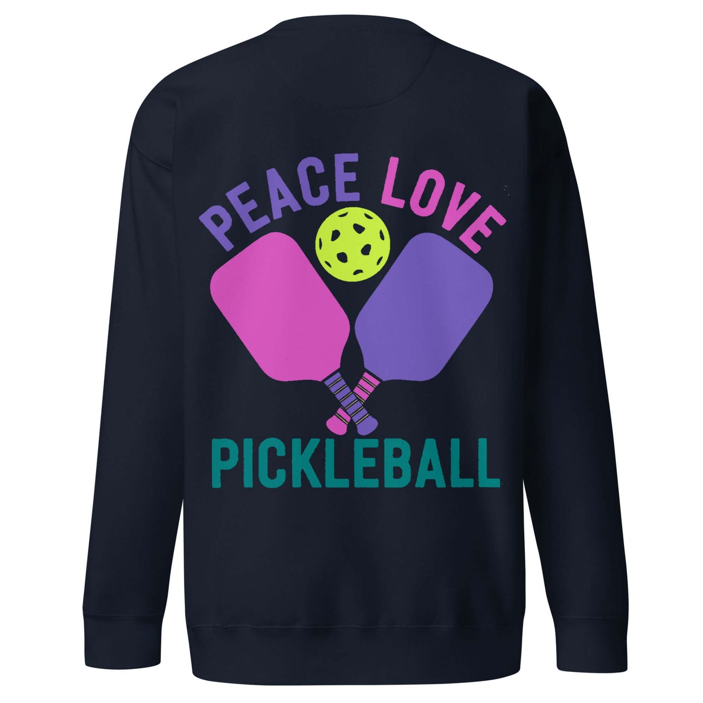 Women's Peace Love Pickleball sweatshirt featuring colorful paddles and a pickleball graphic, ideal for stylish gamers.