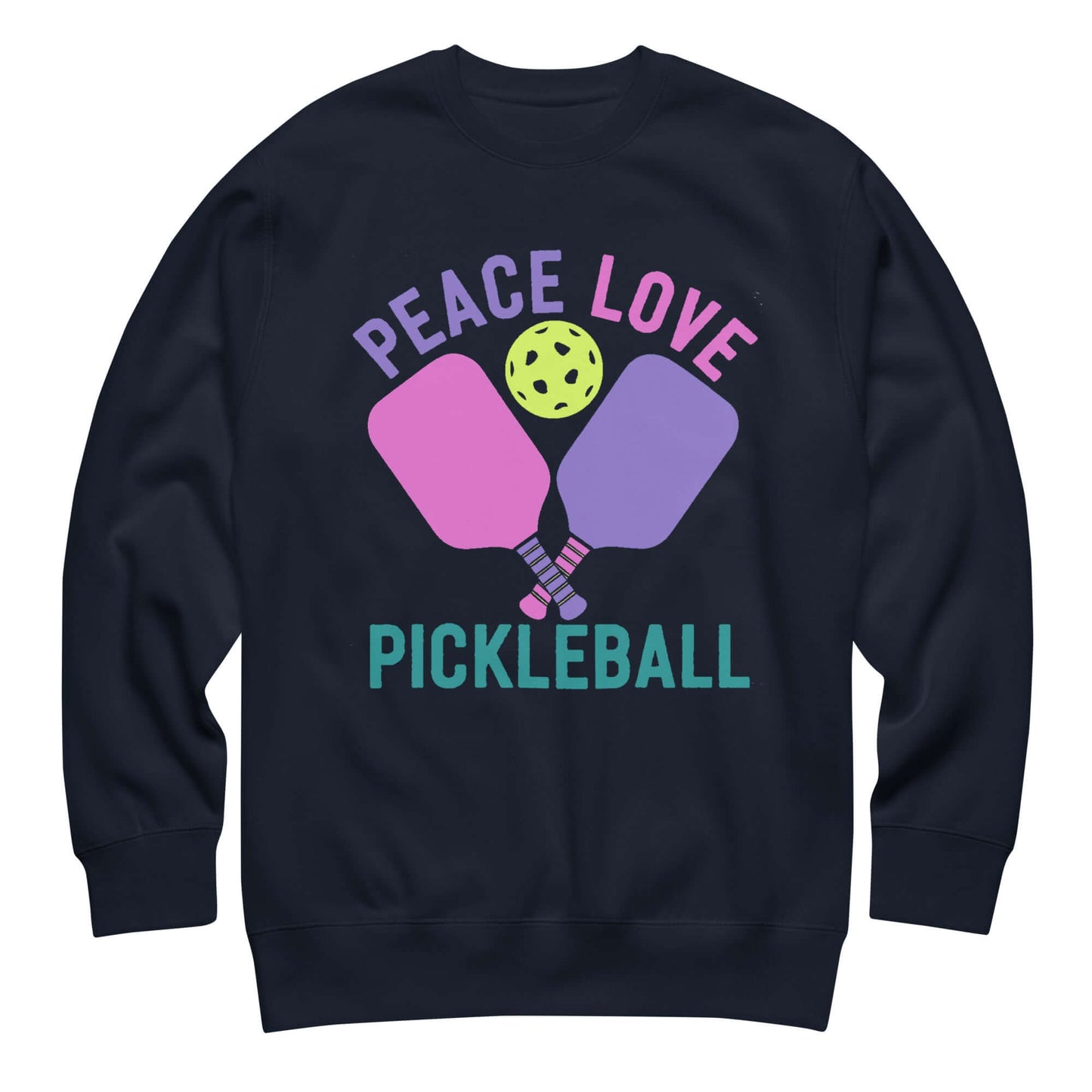 Women's Peace, Love, Pickleball Premium Sweatshirt with colorful graphic design featuring paddles and ball.