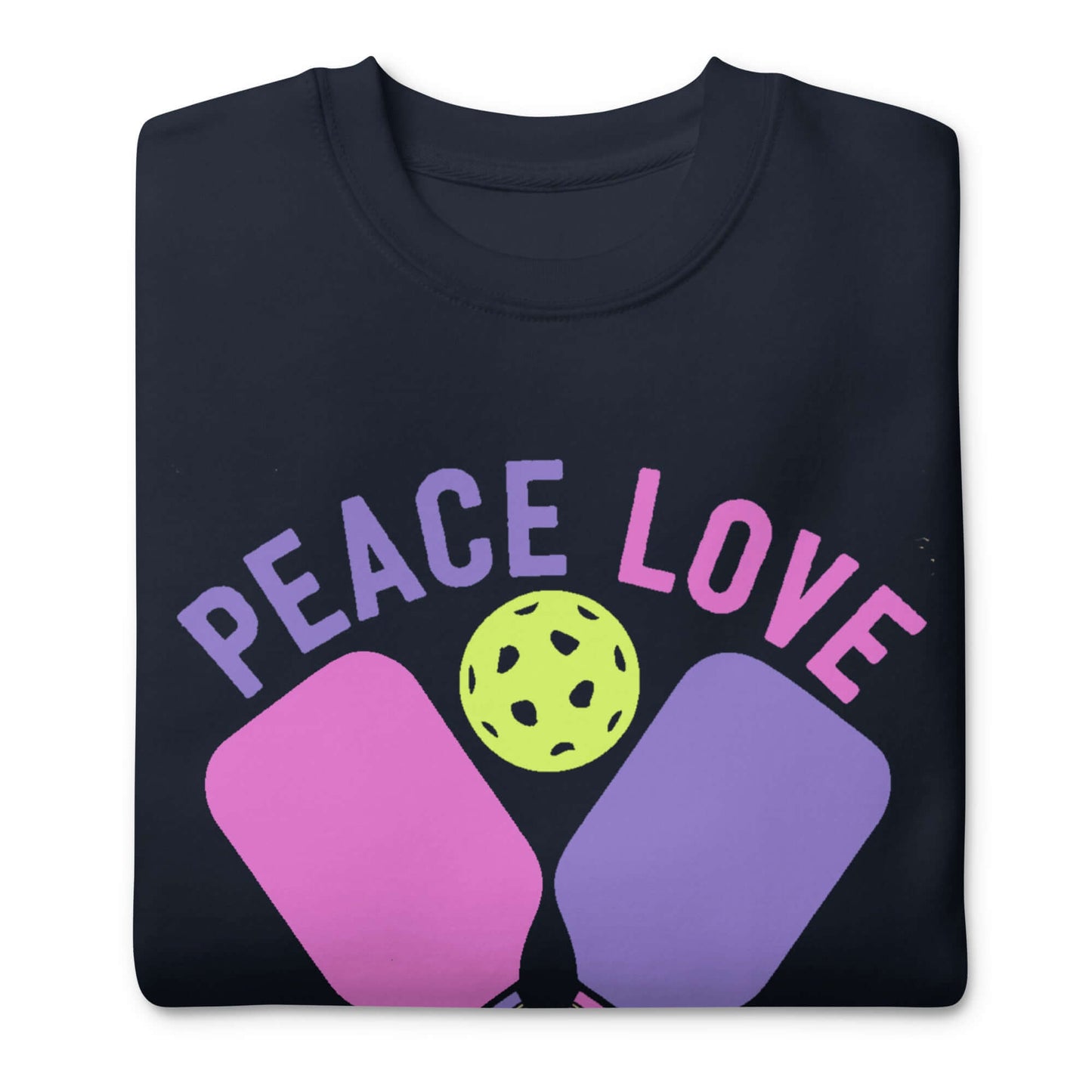 Black sweatshirt featuring colorful 'Peace Love' pickleball graphic design for women.