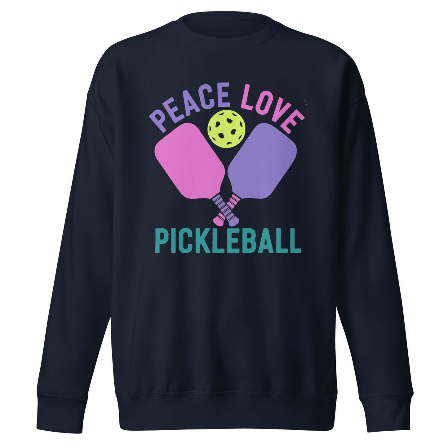 Women's Peace Love Pickleball Premium Sweatshirt featuring pickleball paddles and ball design.