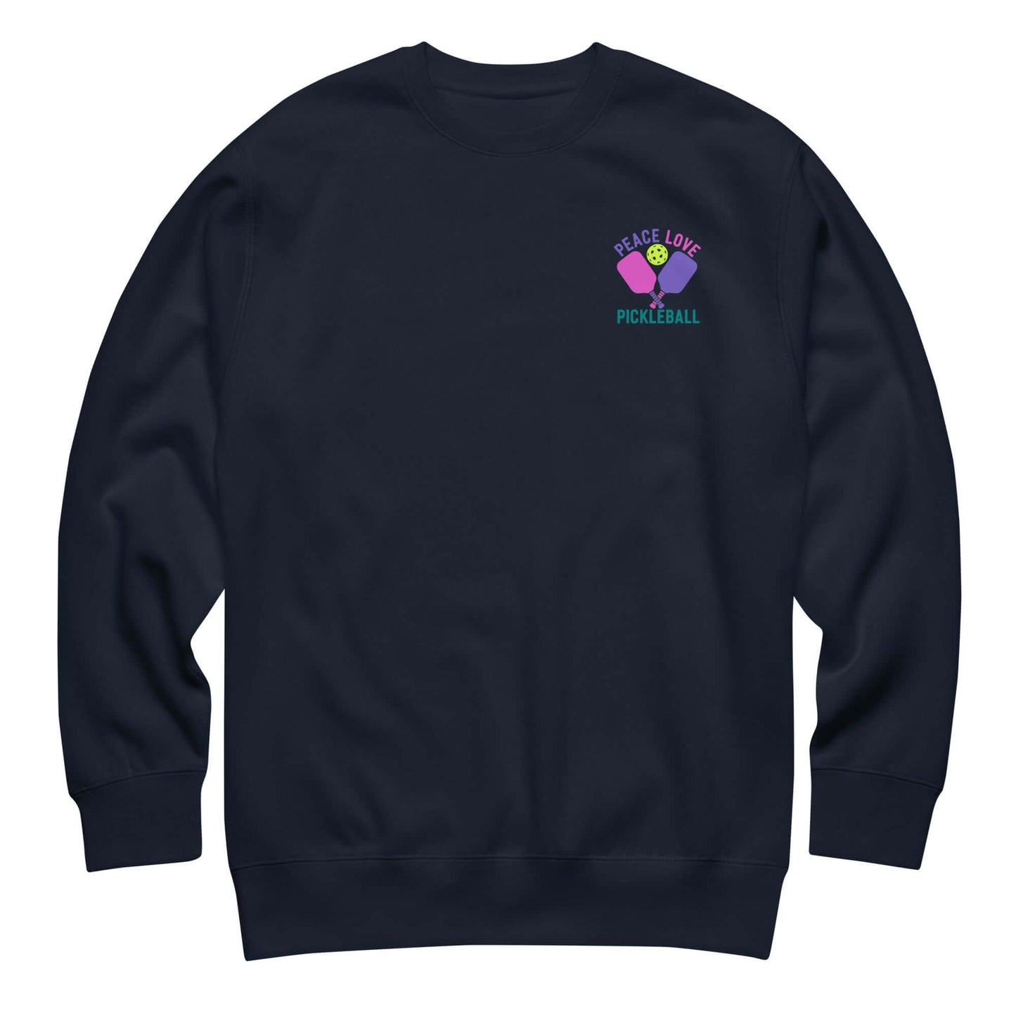 Women's navy sweatshirt featuring 'Peace Love Pickleball' graphic, perfect for pickleball enthusiasts.