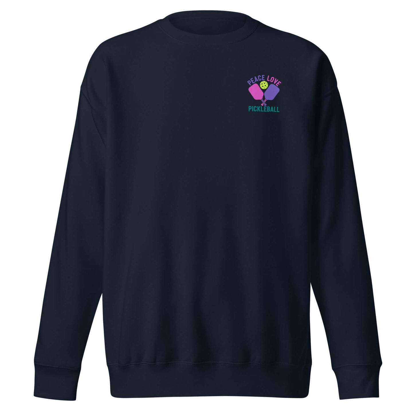 Women's Peace Love Pickleball Premium Sweatshirt in navy, showcasing trendy design and pickleball passion.