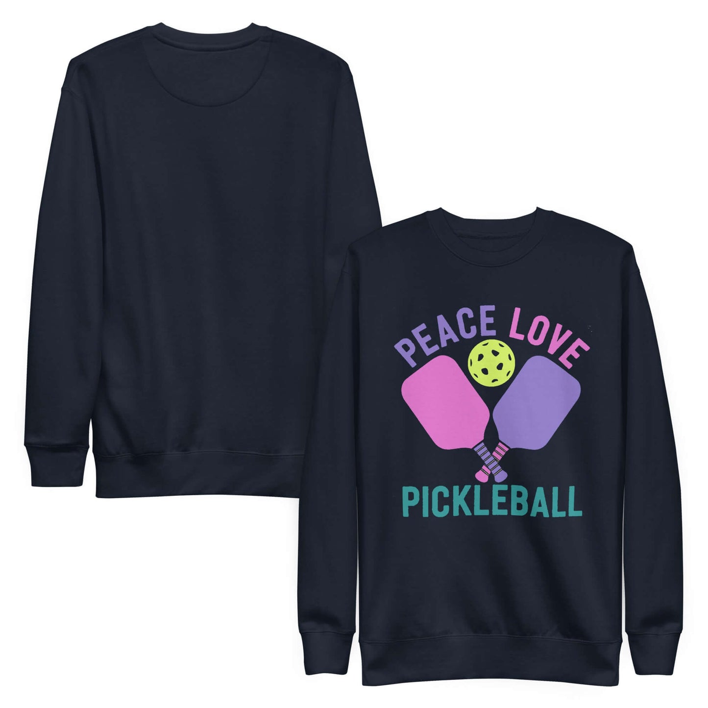 Women's black sweatshirt featuring 'Peace Love Pickleball' graphic with paddles and a pickleball.