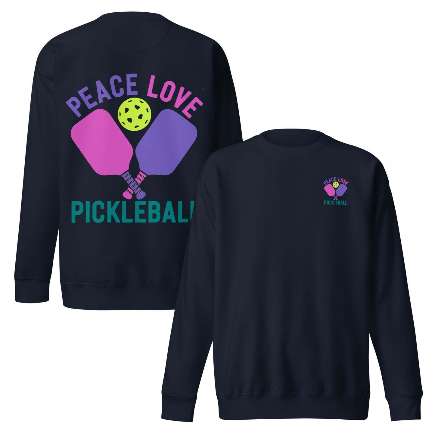 Women's Premium Sweatshirt featuring 'Peace Love Pickleball' graphic, perfect for pickleball enthusiasts.