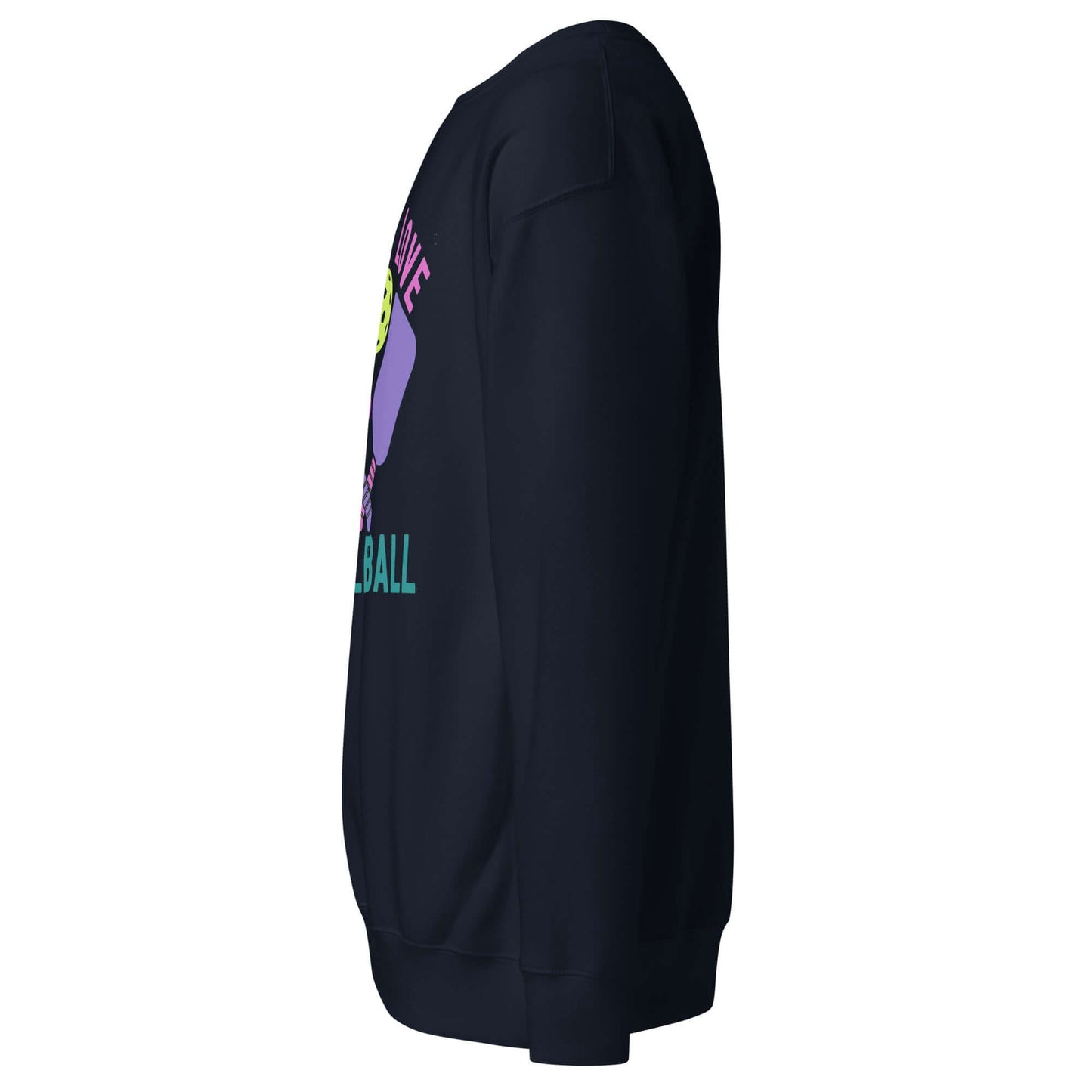 Women's Peace, Love, Pickleball Premium Sweatshirt side view, comfortable and stylish for casual wear or pickleball.