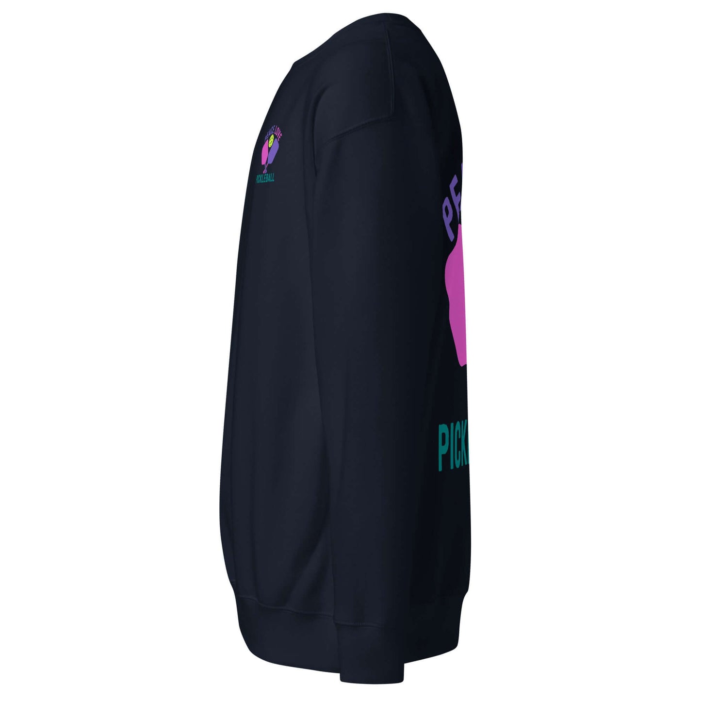 Side view of Women's Peace, Love, Pickleball Premium Sweatshirt in black with colorful graphics.