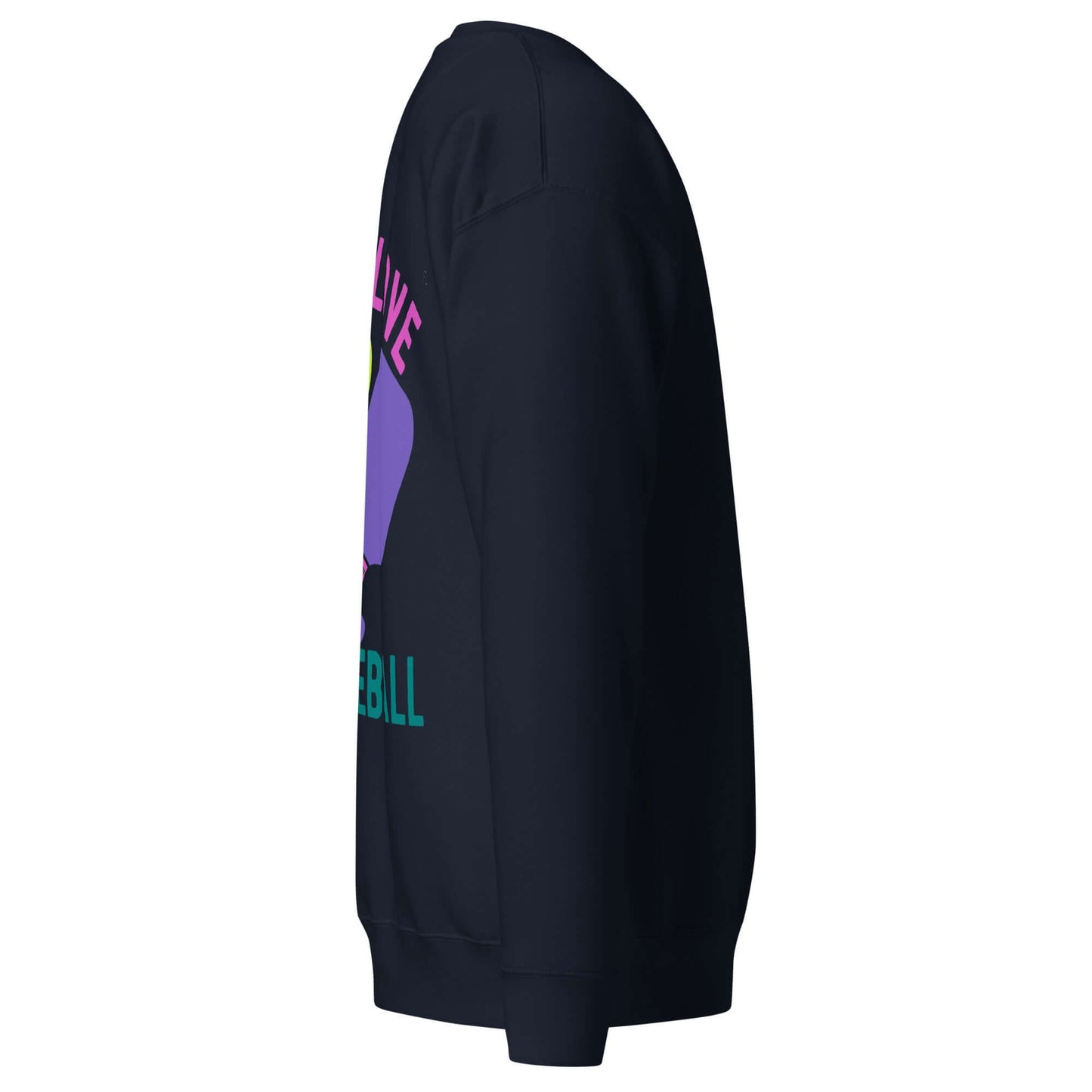 Side view of Women's Peace, Love, Pickleball Premium Sweatshirt showcasing its stylish design and vibrant colors.