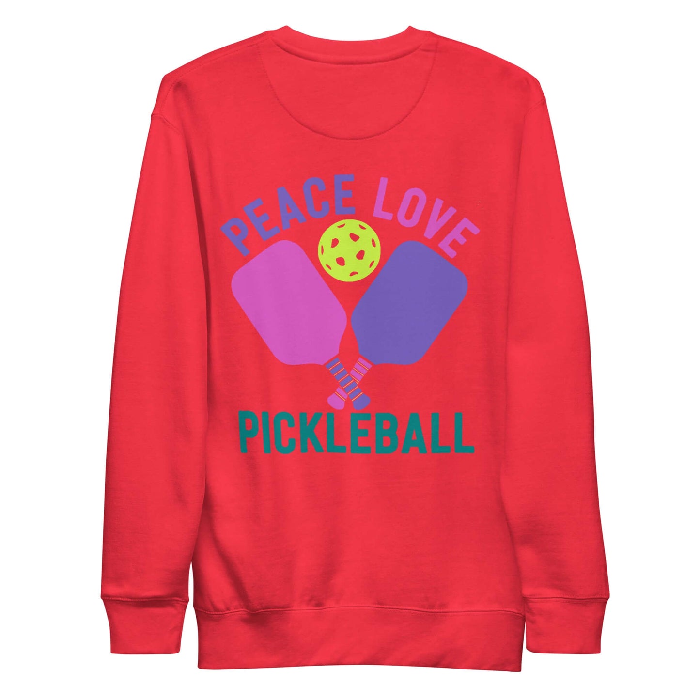 Women's red sweatshirt featuring 'Peace Love Pickleball' design with paddles and a pickleball.