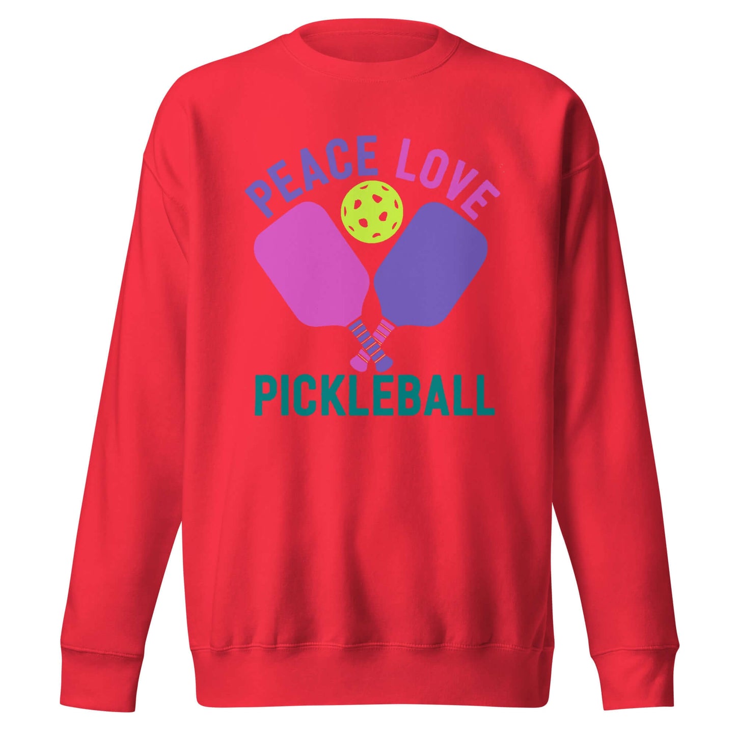 Red women's sweatshirt featuring 'Peace Love Pickleball' graphic and colorful paddles.