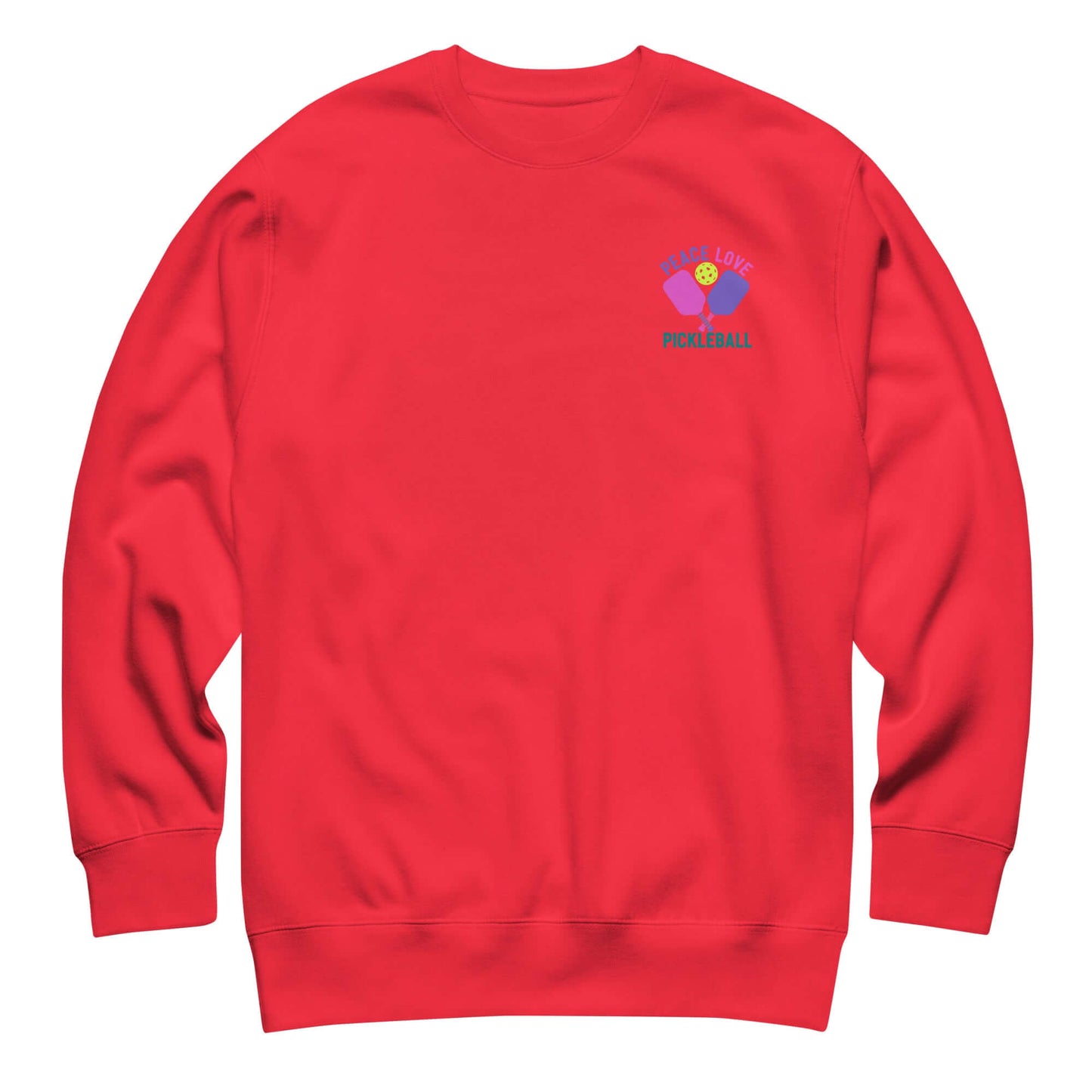 Women's red sweatshirt featuring 'Peace, Love, Pickleball' design, perfect for casual wear and pickleball enthusiasts.