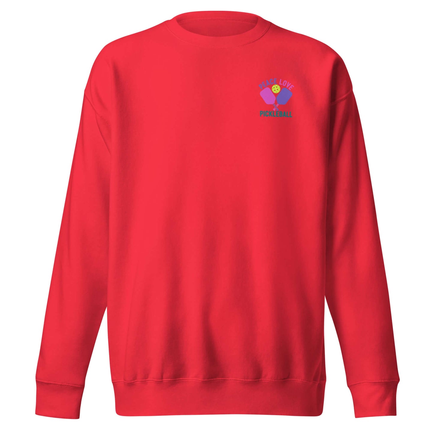 Red women's sweatshirt featuring 'Peace, Love, Pickleball' design, perfect for sporty and stylish casual wear.