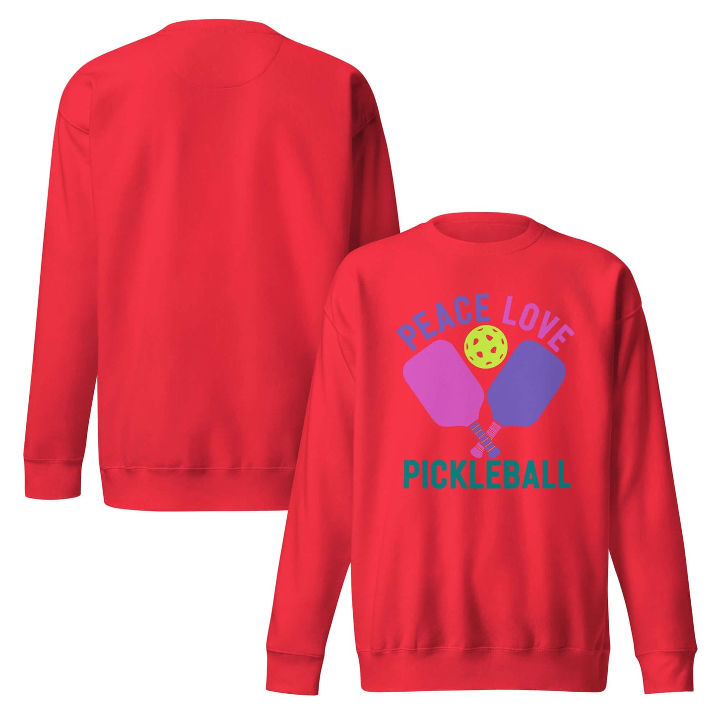 Red women's sweatshirt featuring 'Peace Love Pickleball' design with paddles and ball, perfect for pickleball lovers.