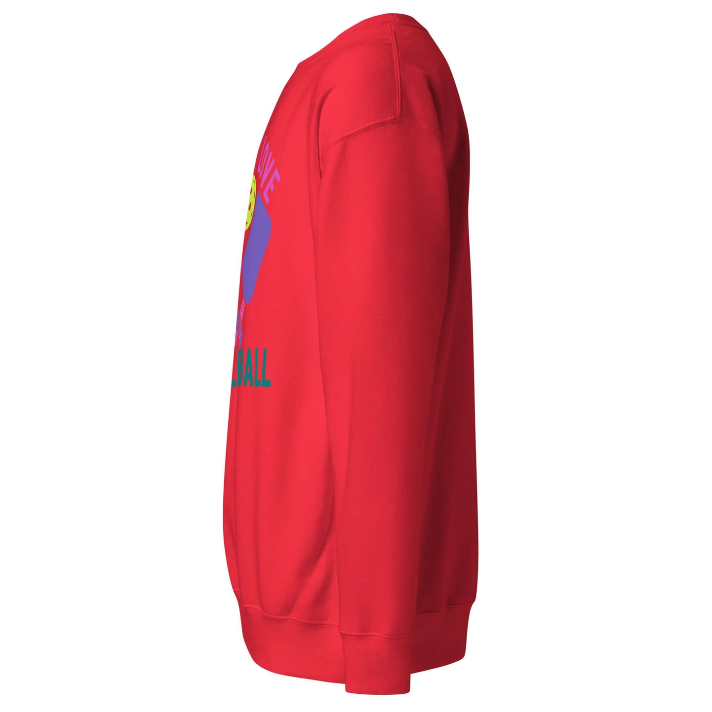 Side view of Women's Peace, Love, Pickleball Premium Sweatshirt in red, showcasing comfort and stylish design for pickleball lovers.