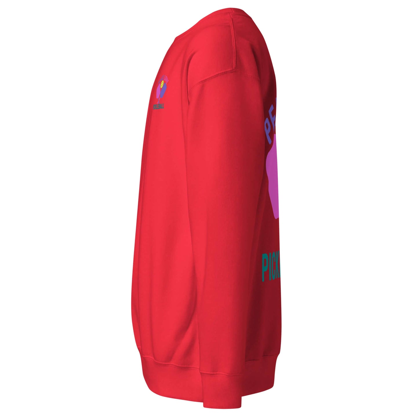 Red Women’s Peace, Love, Pickleball Premium Sweatshirt side view, showcasing stylish design for pickleball enthusiasts.