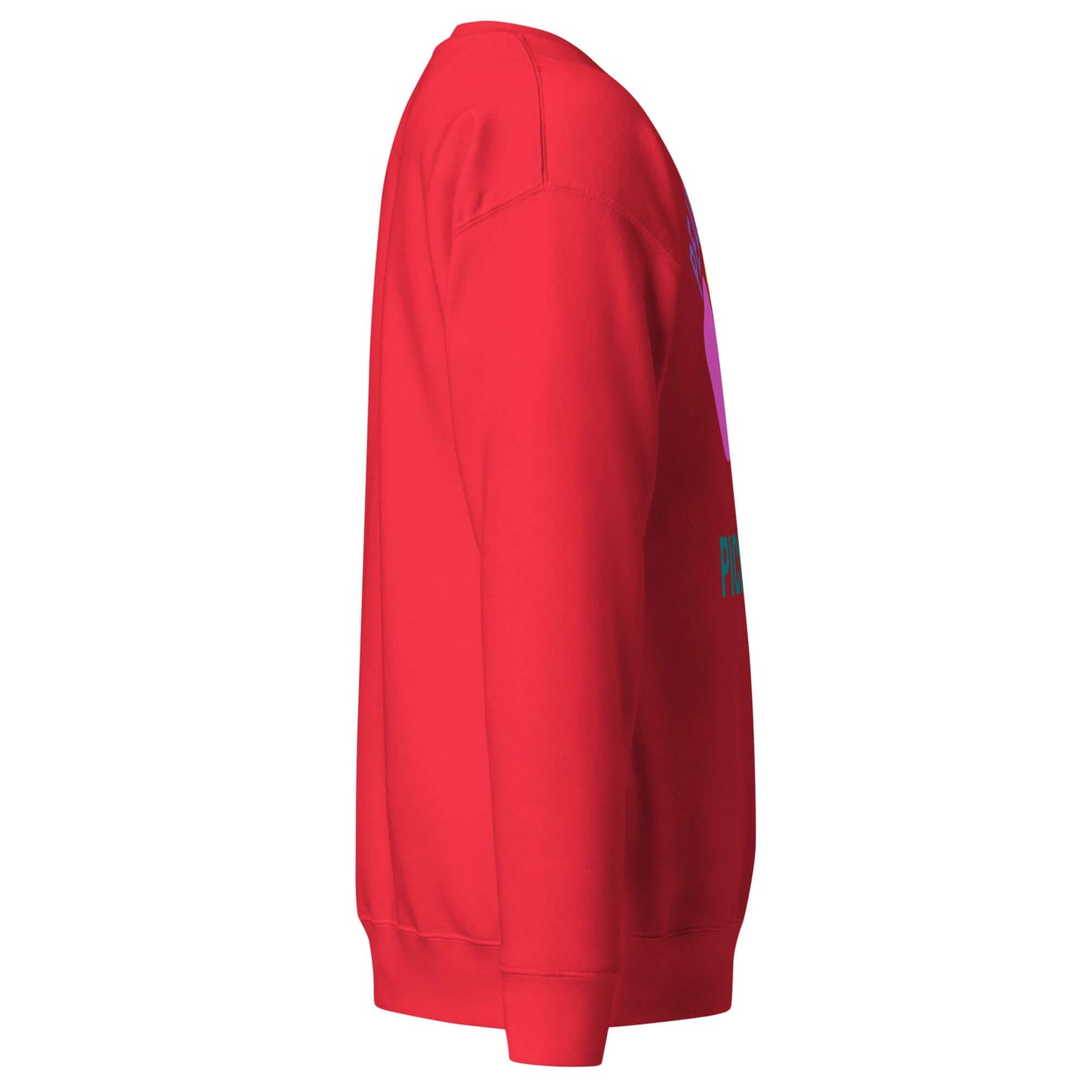 Side view of Women's Peace, Love, Pickleball Premium Sweatshirt in vibrant red, perfect for comfort and style.