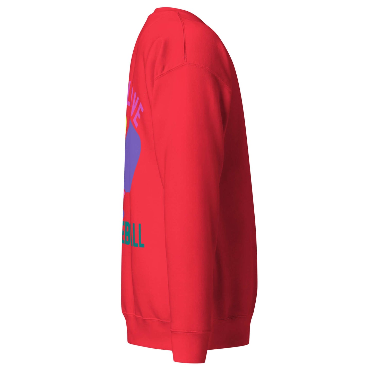 Side view of Women's Peace, Love, Pickleball premium sweatshirt in red, showcasing its stylish design and comfort.