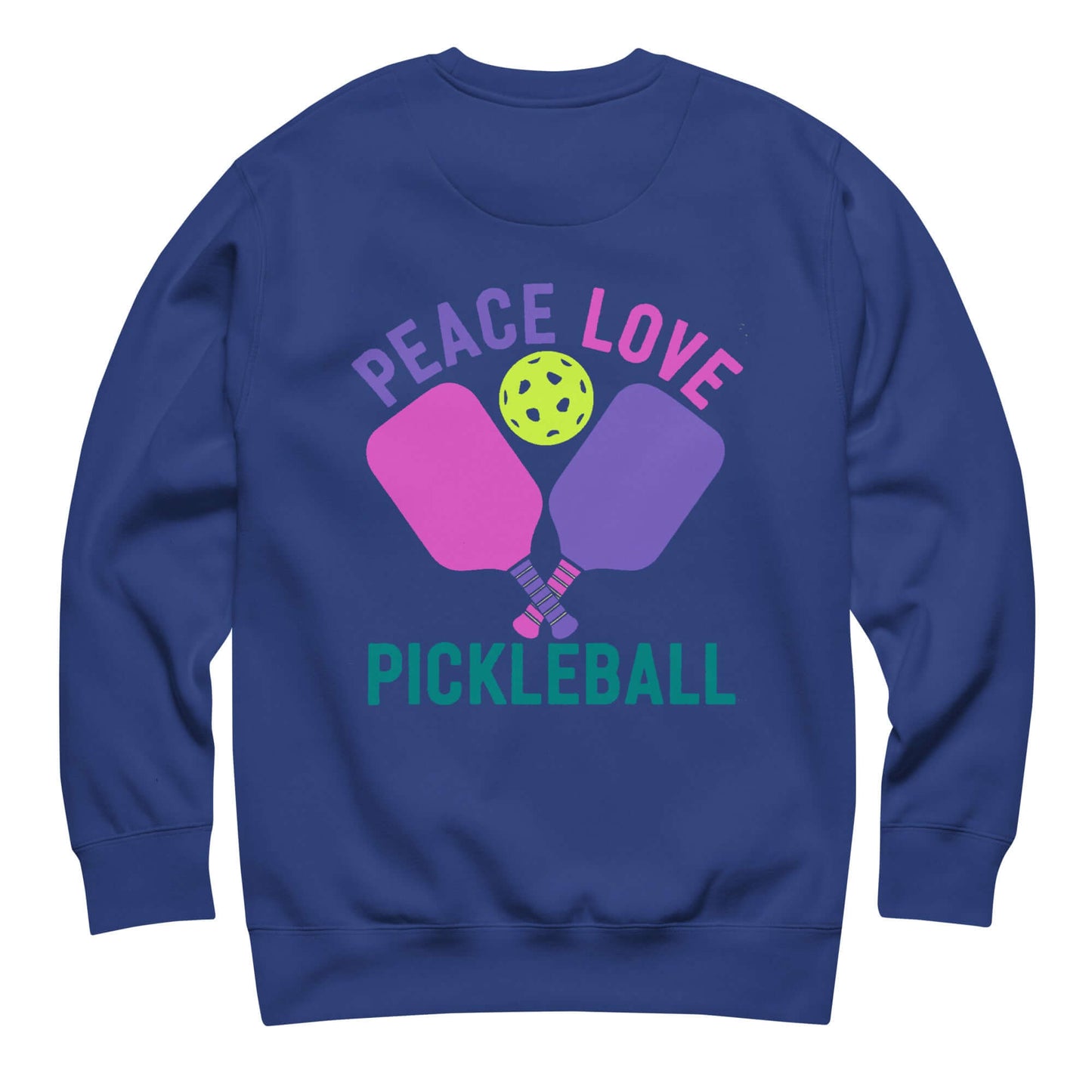 Women's navy sweatshirt featuring pink and purple pickleball paddles and a yellow ball with 'Peace Love Pickleball' text.