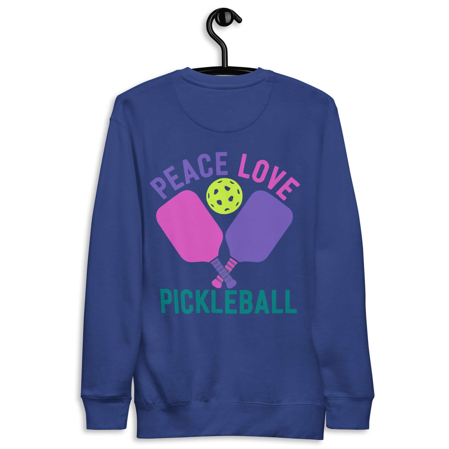 Women's Peace, Love, Pickleball sweatshirt featuring colorful paddles and a pickleball, perfect for stylish comfort.
