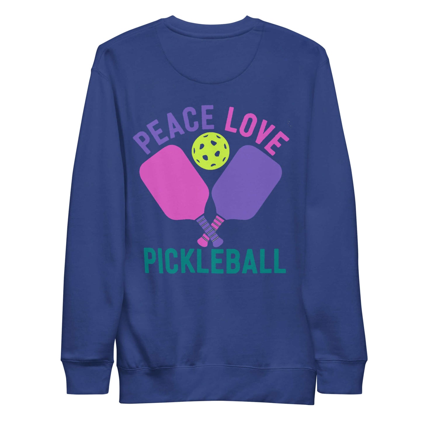 Women’s Peace, Love, Pickleball Premium Sweatshirt in navy with colorful graphic design.