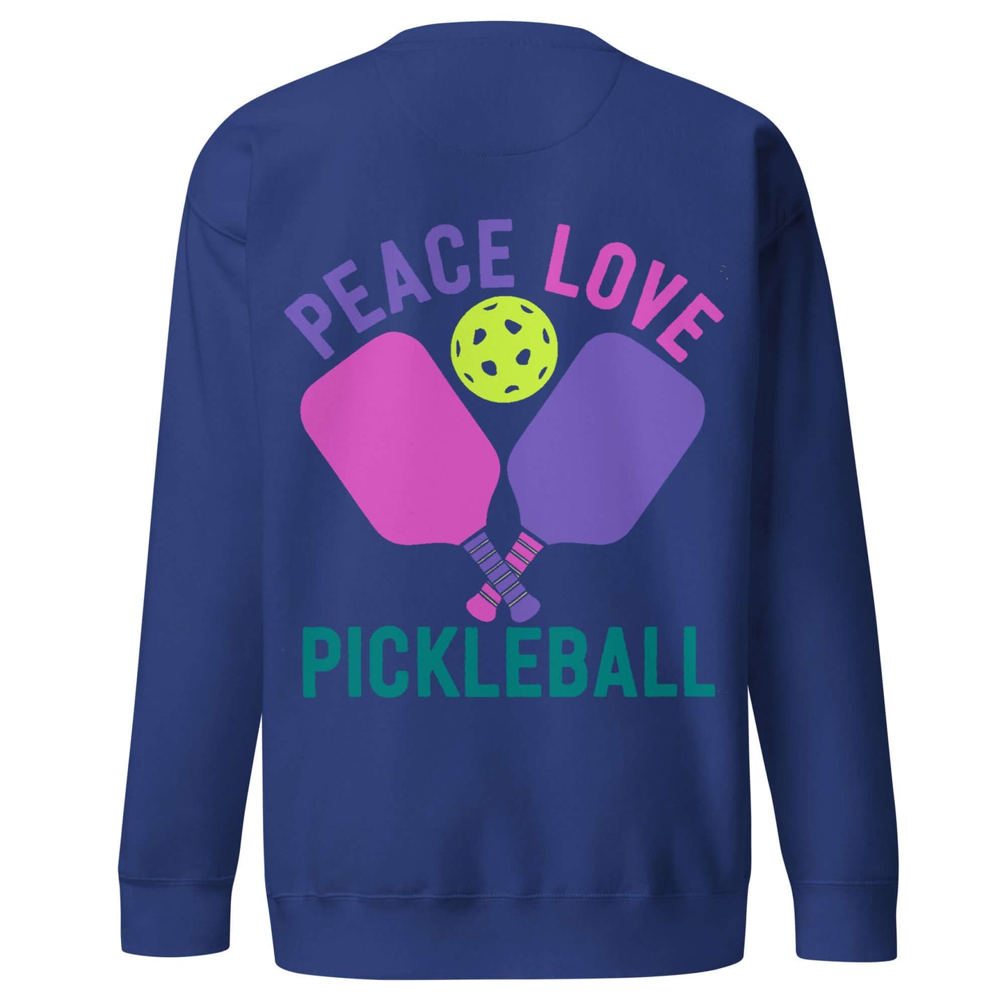 Navy sweatshirt featuring "Peace Love Pickleball" graphic with paddles and a yellow pickleball design.