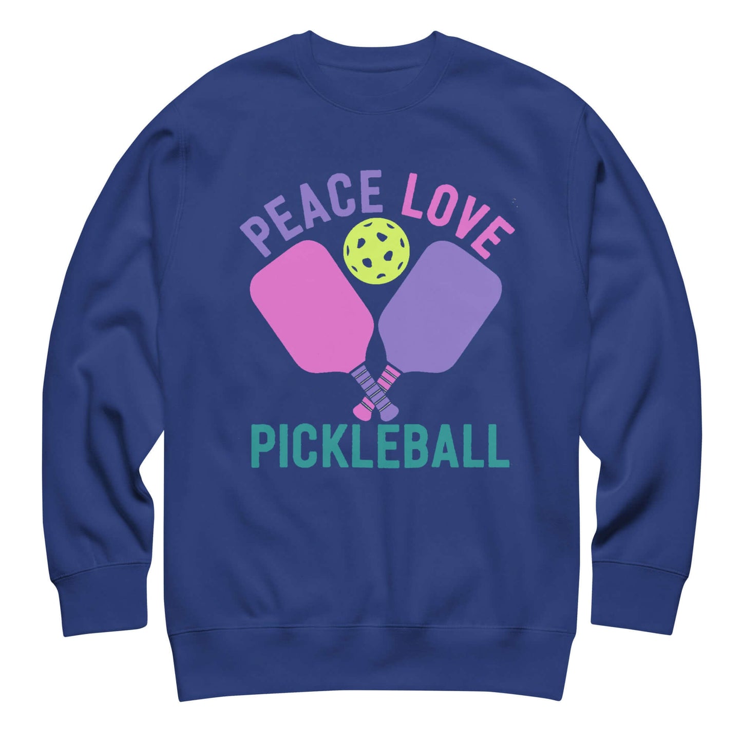 Women's navy sweatshirt featuring 'Peace Love Pickleball' with paddles and a ball design.