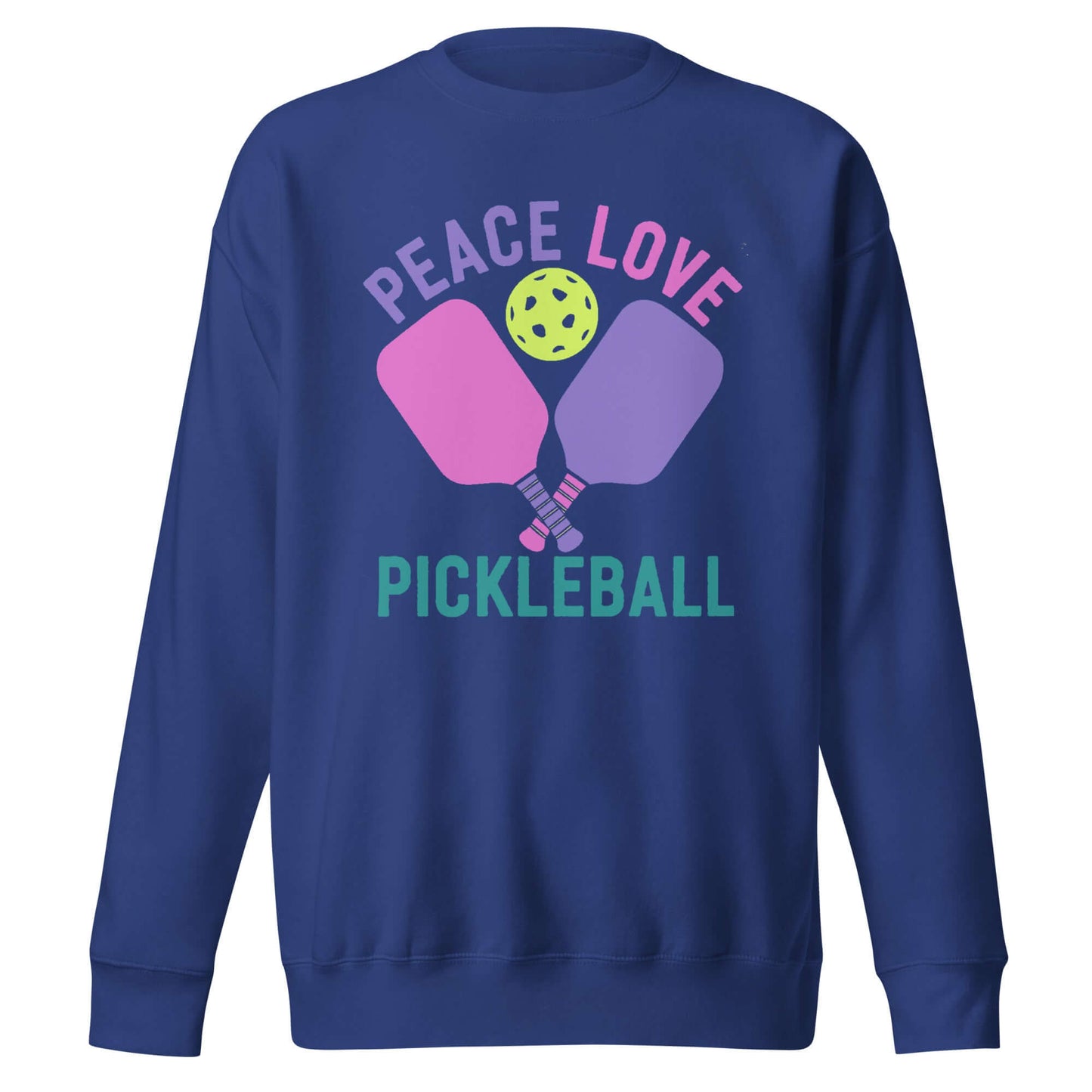 Women's navy sweatshirt with 'Peace Love Pickleball' graphic and pickleball paddles design.
