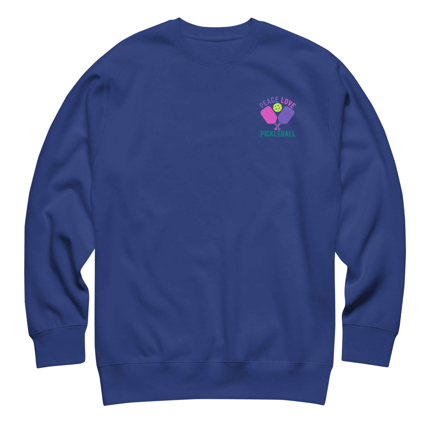 Women's Peace Love Pickleball Premium Sweatshirt in navy blue with colorful graphic, perfect for cozy style and pickleball fans.
