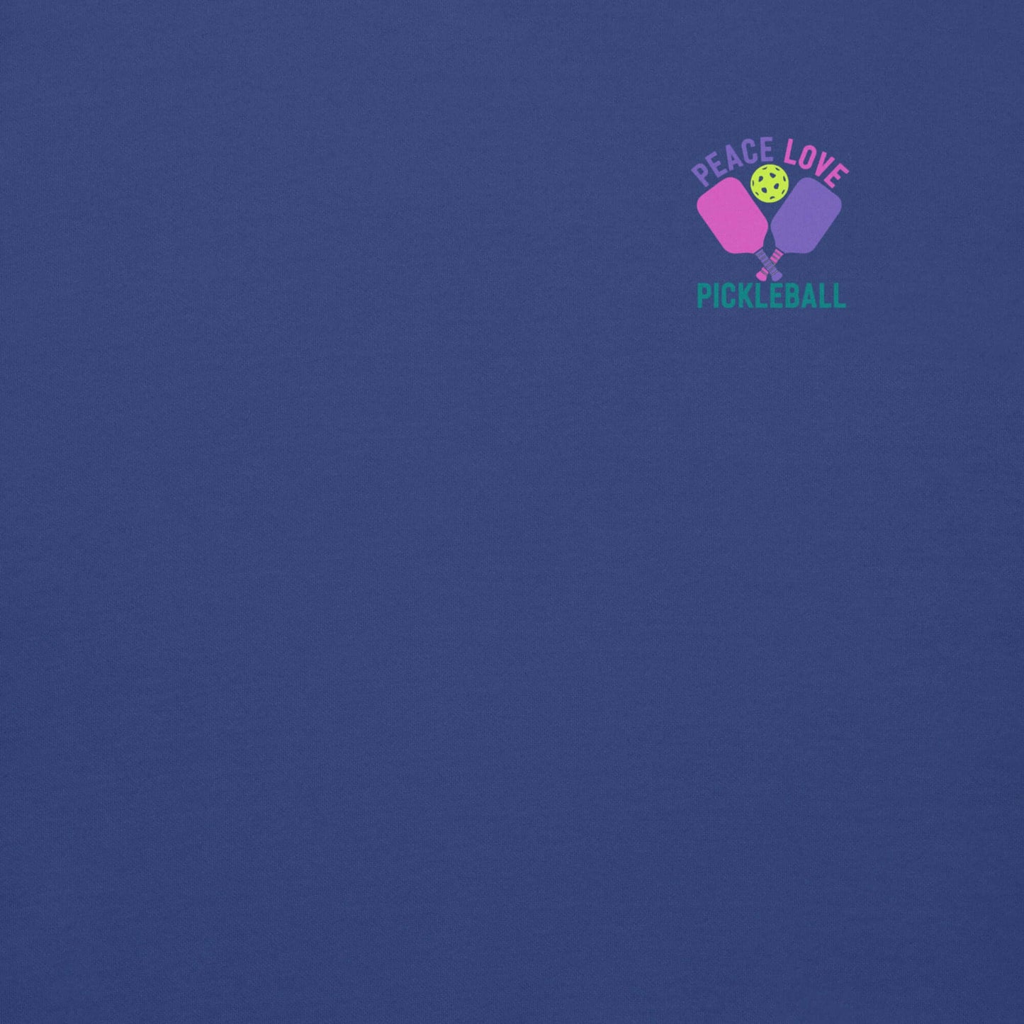 Blue women's sweatshirt featuring 'Peace Love Pickleball' graphic design.