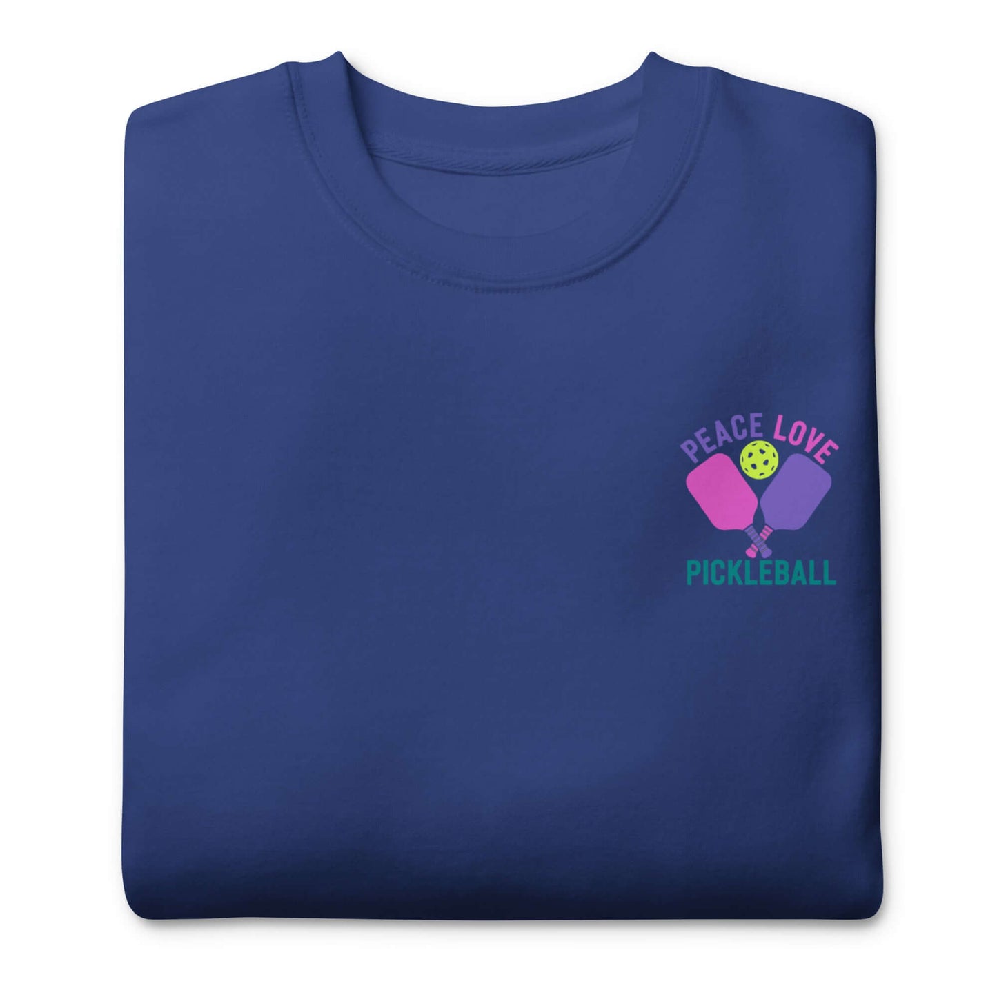 Women's Peace, Love, Pickleball Premium Sweatshirt in navy with colorful graphic design.