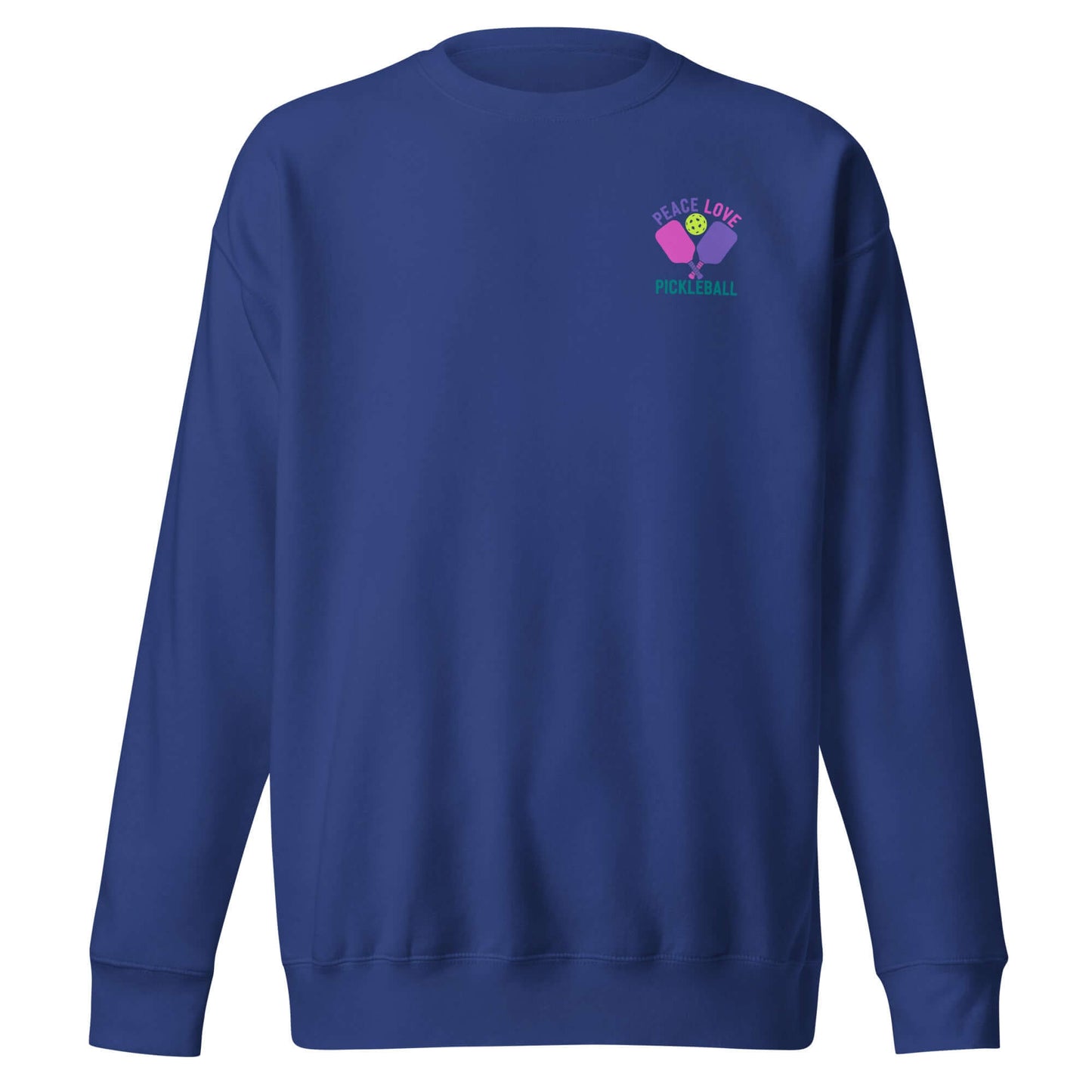Women's Peace Love Pickleball Premium Sweatshirt in navy blue, stylish and comfortable for pickleball enthusiasts.