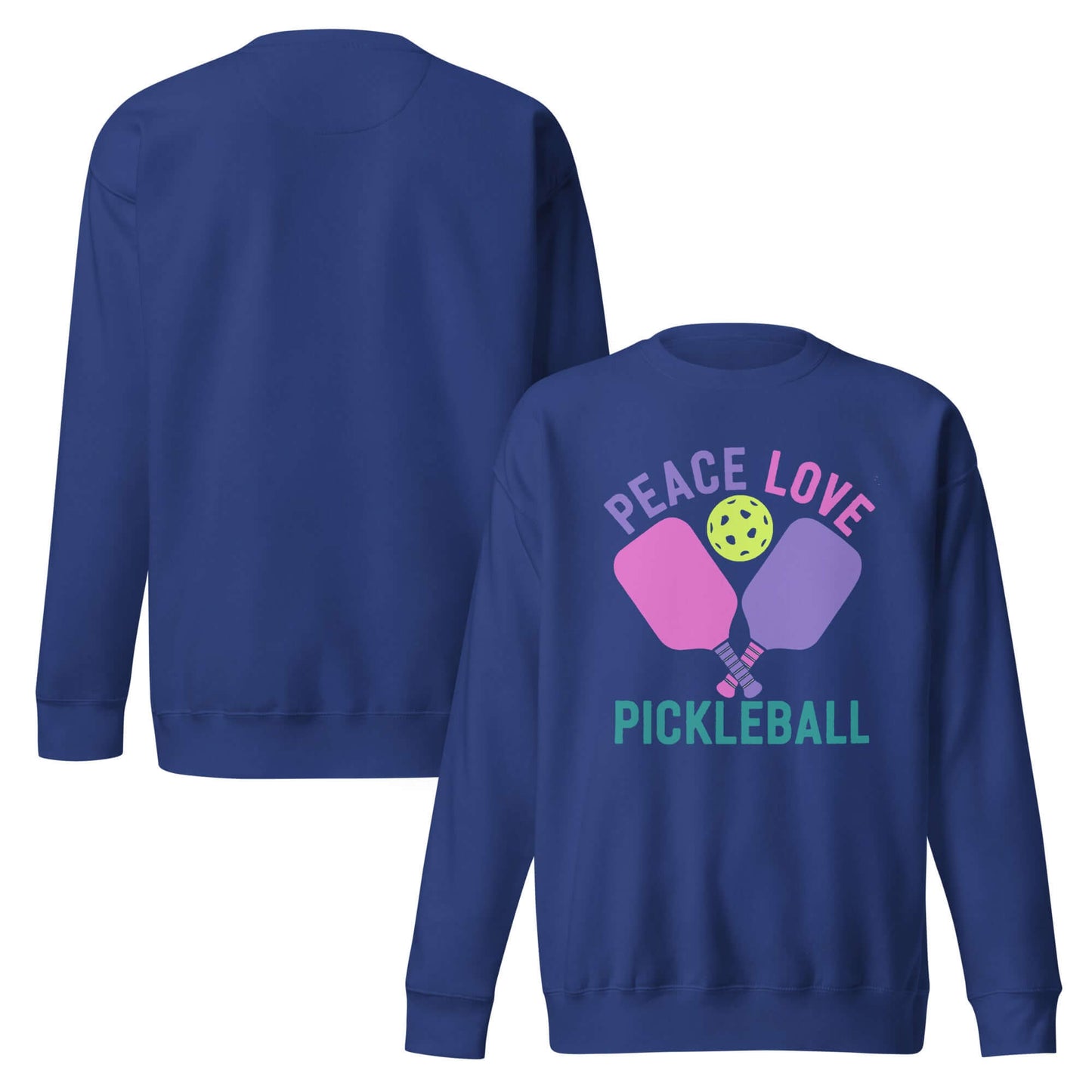 Women's navy sweatshirt featuring 'Peace Love Pickleball' design with paddles and a pickleball graphic.