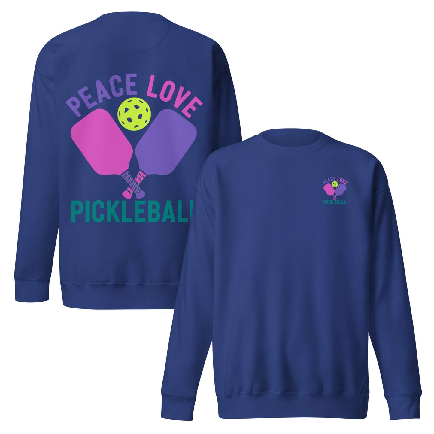 Women's navy sweatshirt featuring 'Peace Love Pickleball' graphic with paddles and ball design.