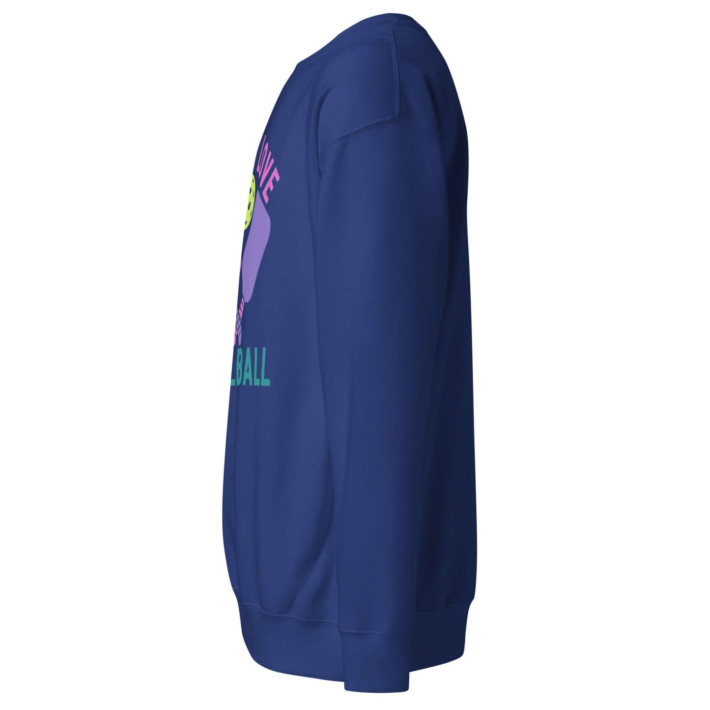 Side view of Women’s Peace, Love, Pickleball Premium Sweatshirt in navy, showcasing its comfortable design and vibrant graphics.