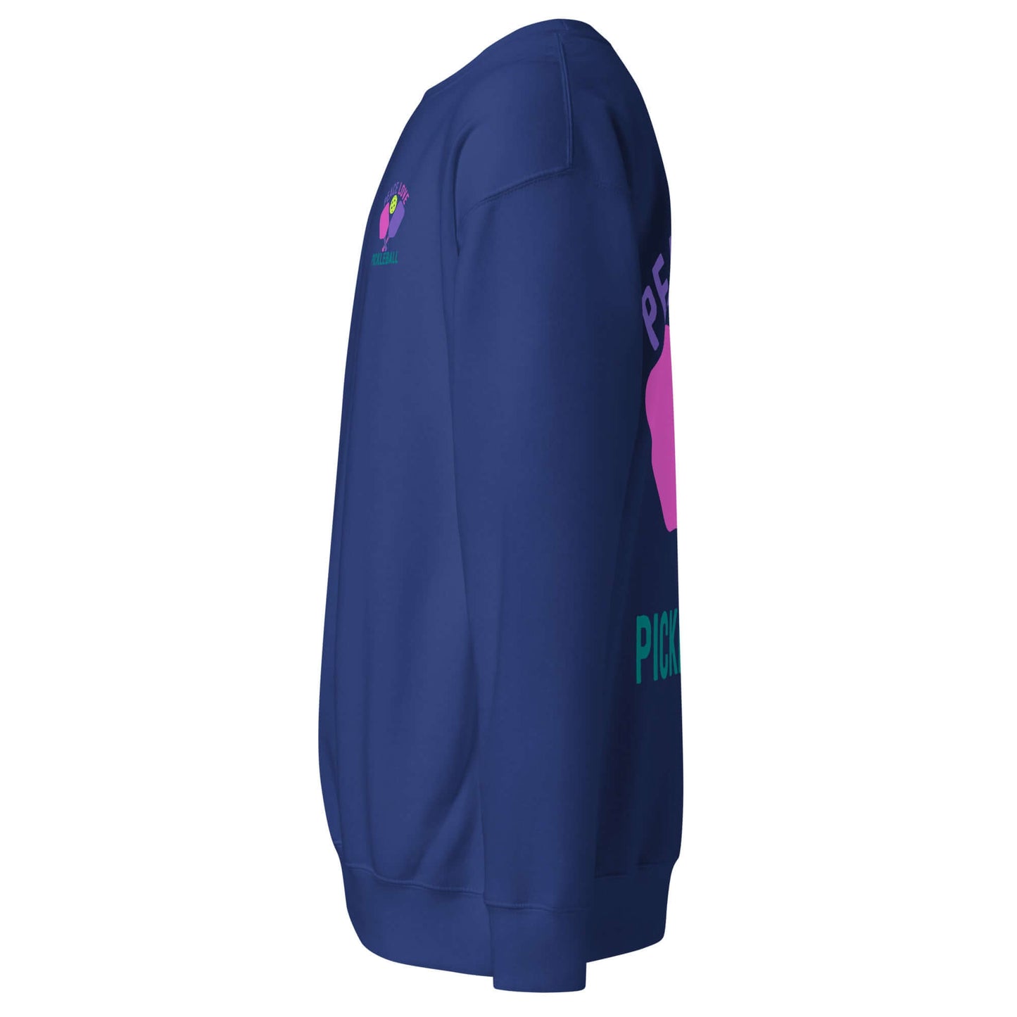 Side view of Women's Peace, Love, Pickleball Premium Sweatshirt in navy, showcasing stylish design and vibrant graphics.