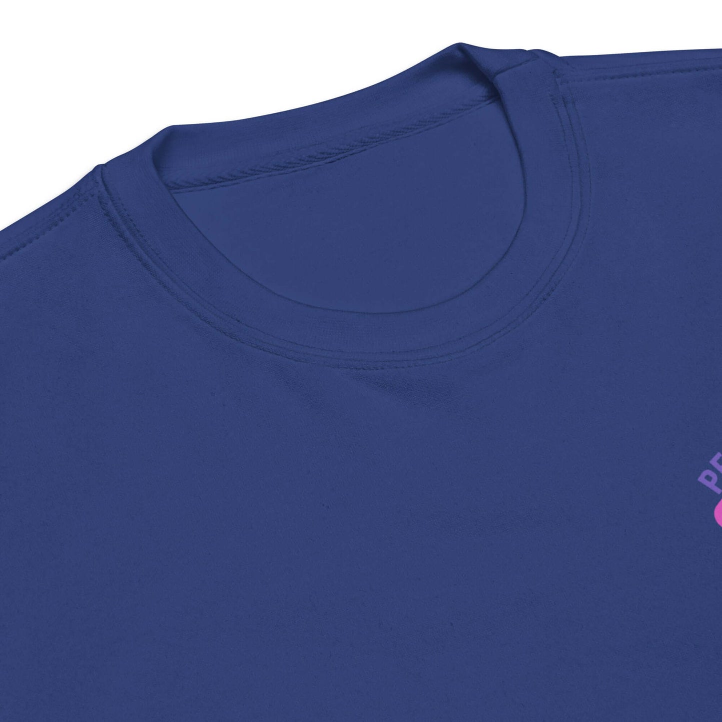 Close-up of navy Women's Peace, Love, Pickleball Premium Sweatshirt collar, showcasing soft fabric and stylish design.