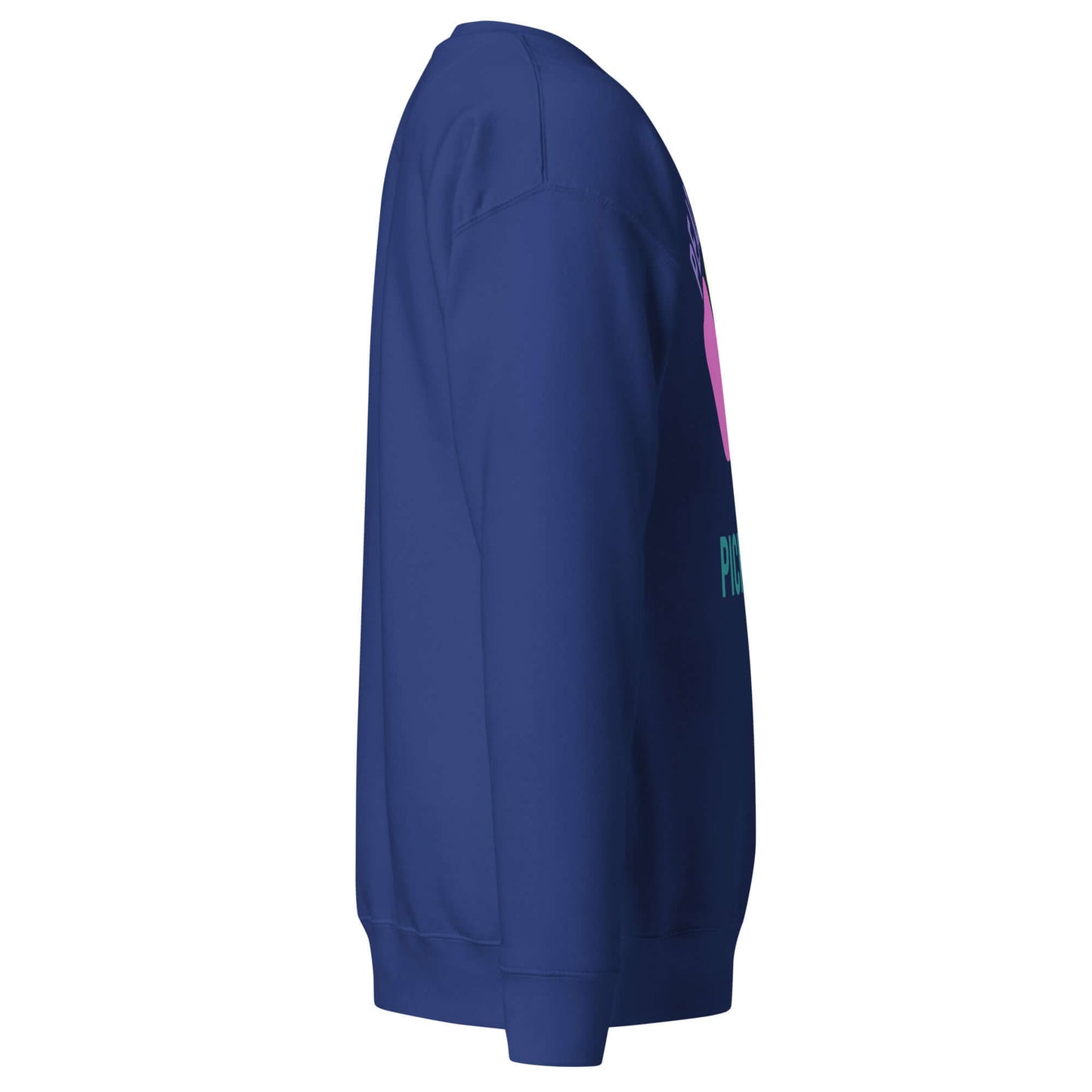 Women's Peace, Love, Pickleball Premium Sweatshirt side view in navy, perfect for casual and athletic wear.
