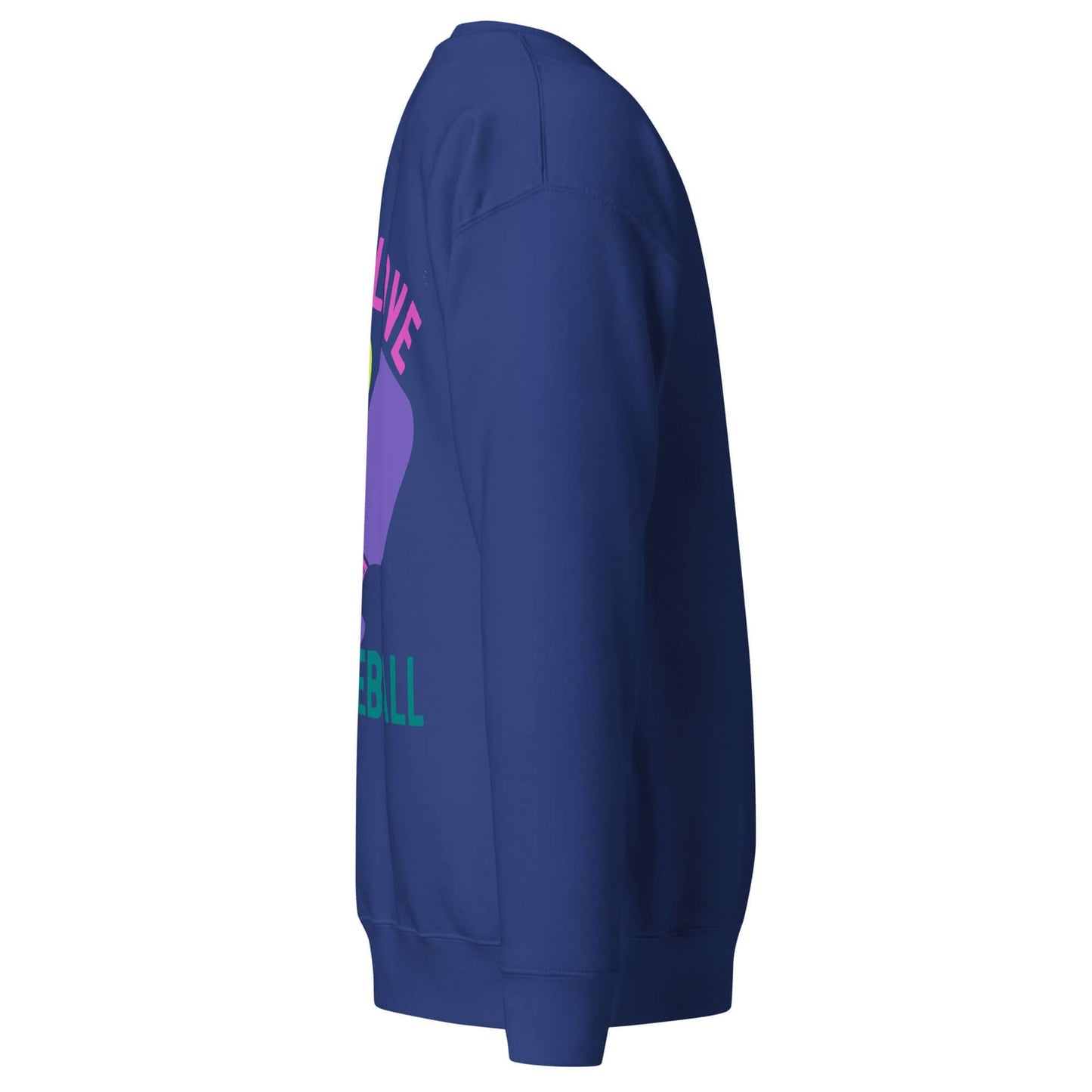 Side view of Women's Peace, Love, Pickleball Premium Sweatshirt in navy, showcasing trendy design and cozy fit.