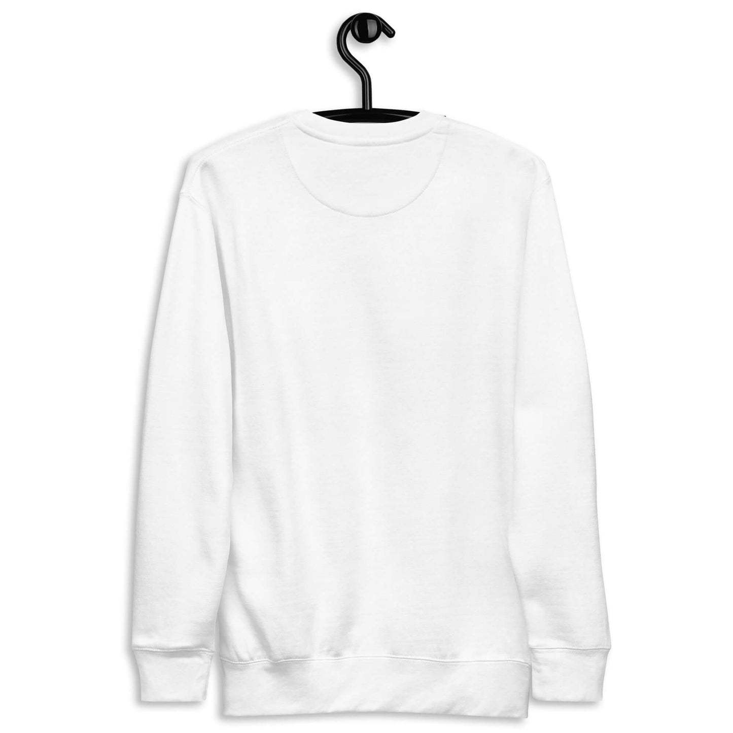 Back view of a plain white women's premium sweatshirt hanging on a hook, perfect for casual or athletic wear.