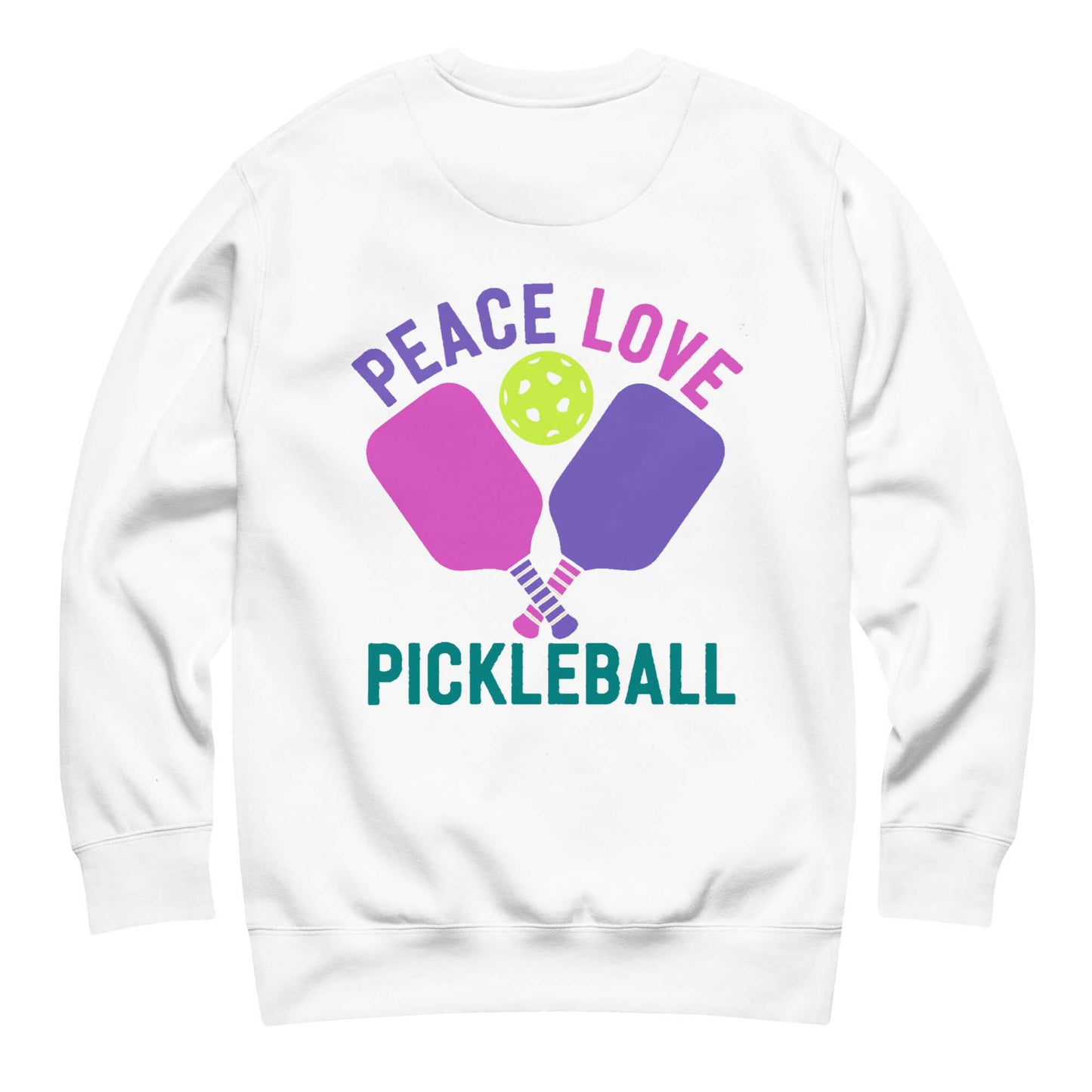 Women's Peace, Love, Pickleball sweatshirt featuring paddles and ball design in vibrant colors.