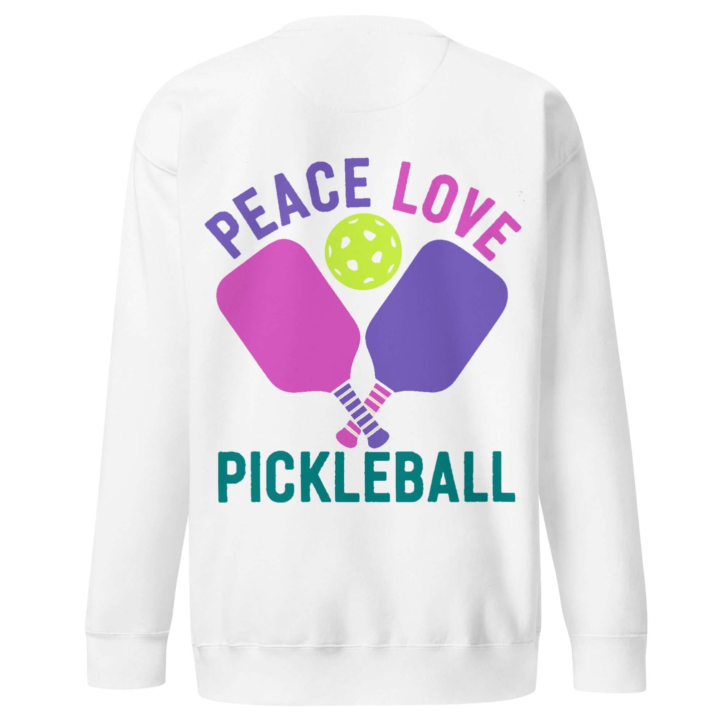 Women's white sweatshirt with 'Peace Love Pickleball' graphic featuring paddles and a pickleball design.