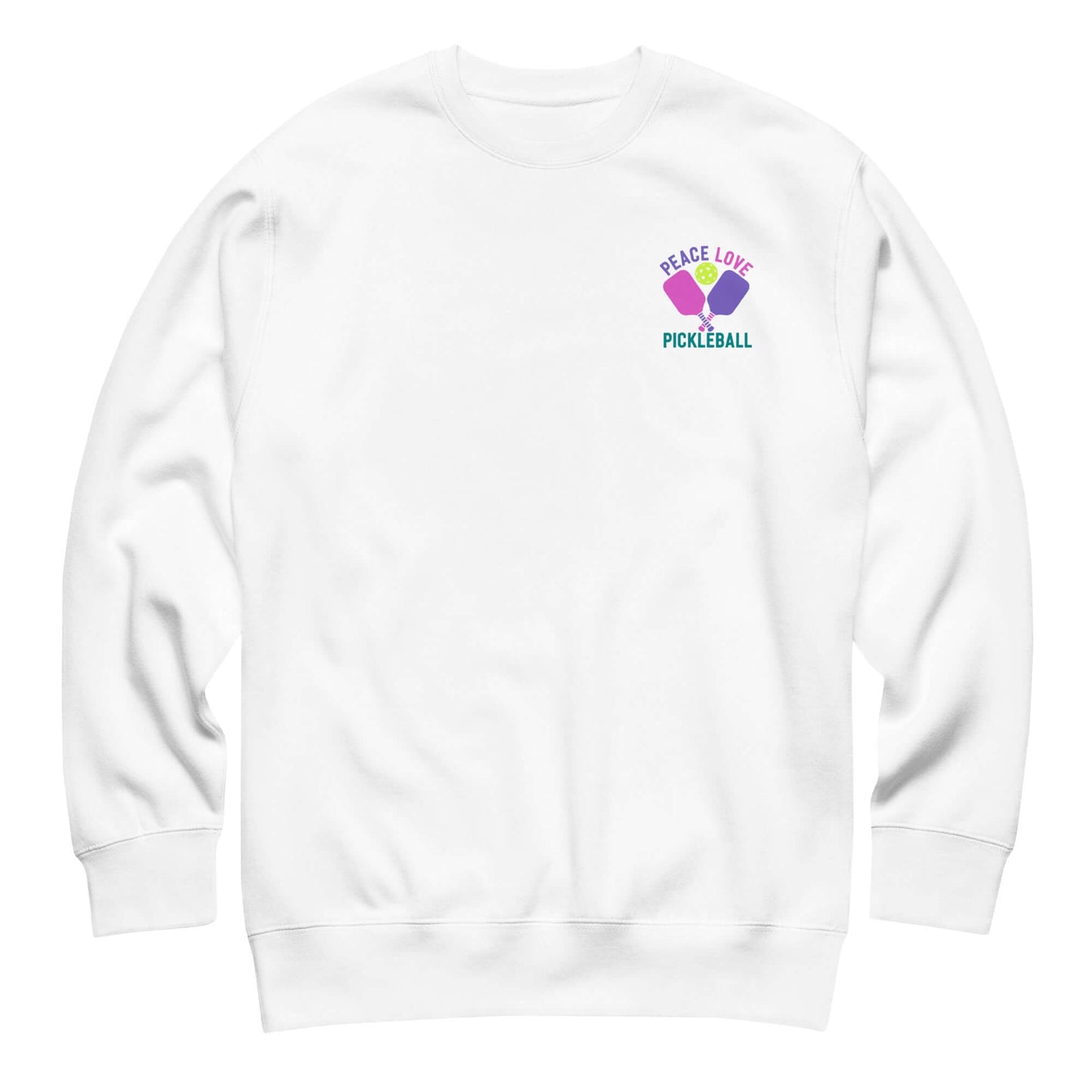 Women's white sweatshirt featuring 'Peace, Love, Pickleball' graphic, perfect for cozy sportswear lovers.