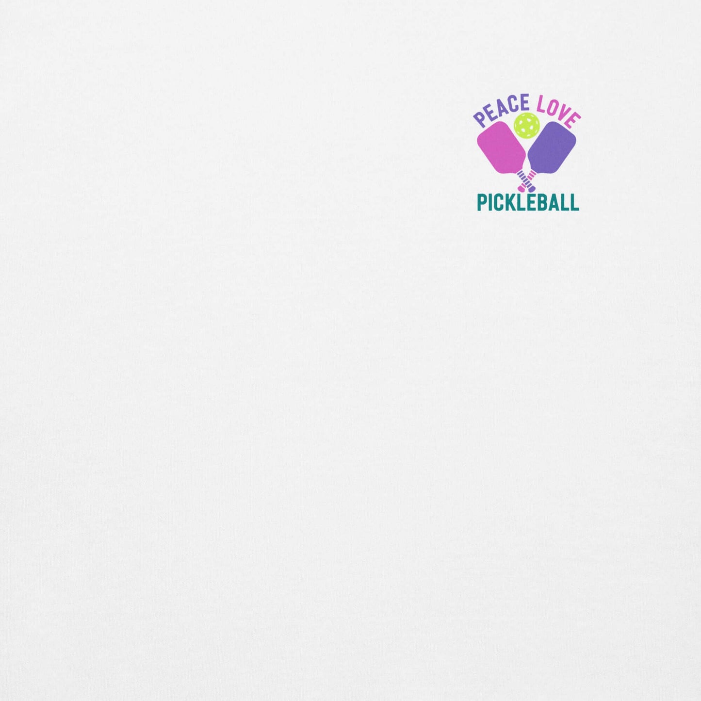 Women's white sweatshirt featuring a colorful 'Peace Love Pickleball' graphic design.