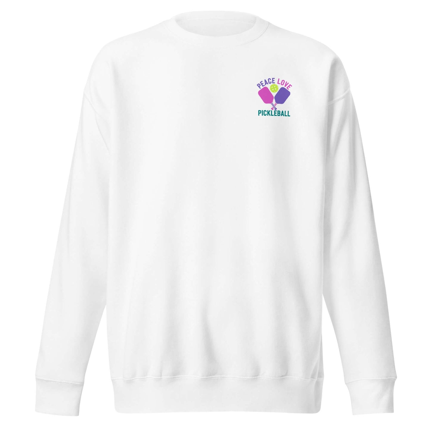 Women's Peace, Love, Pickleball Premium Sweatshirt in white with colorful logo, perfect for style and comfort.