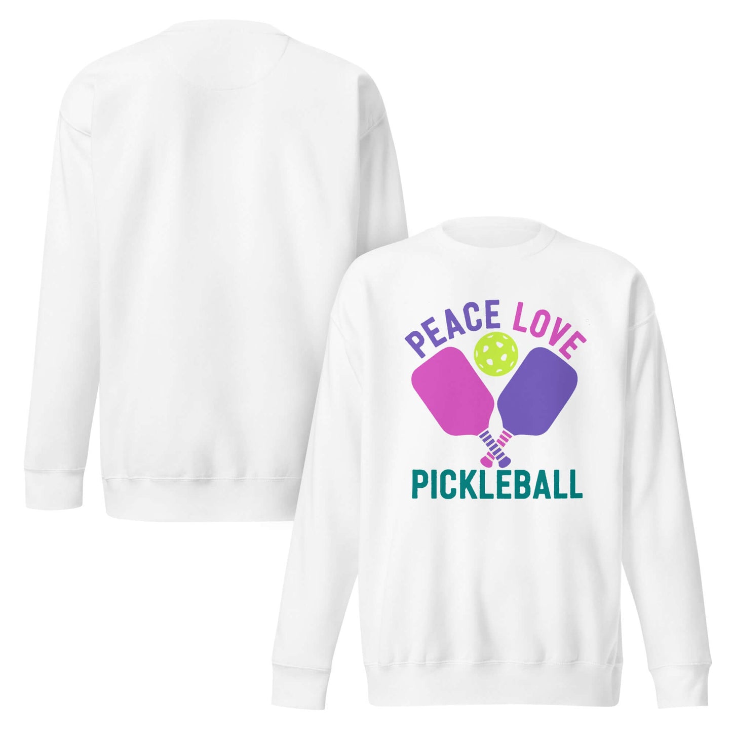 Women's white sweatshirt with 'Peace Love Pickleball' graphic, perfect for pickleball enthusiasts and casual wear.