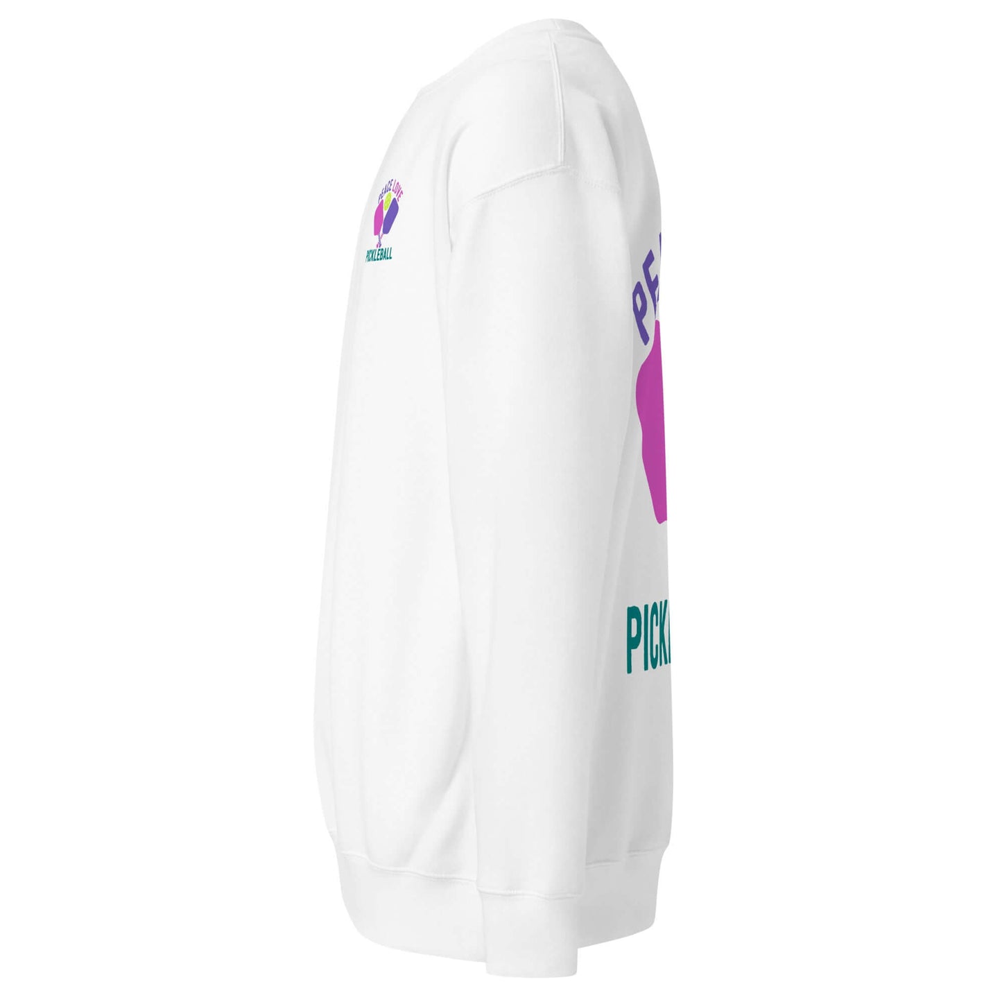 Side view of Women's Peace, Love, Pickleball Premium Sweatshirt in white, showcasing stylish design and vibrant colors.