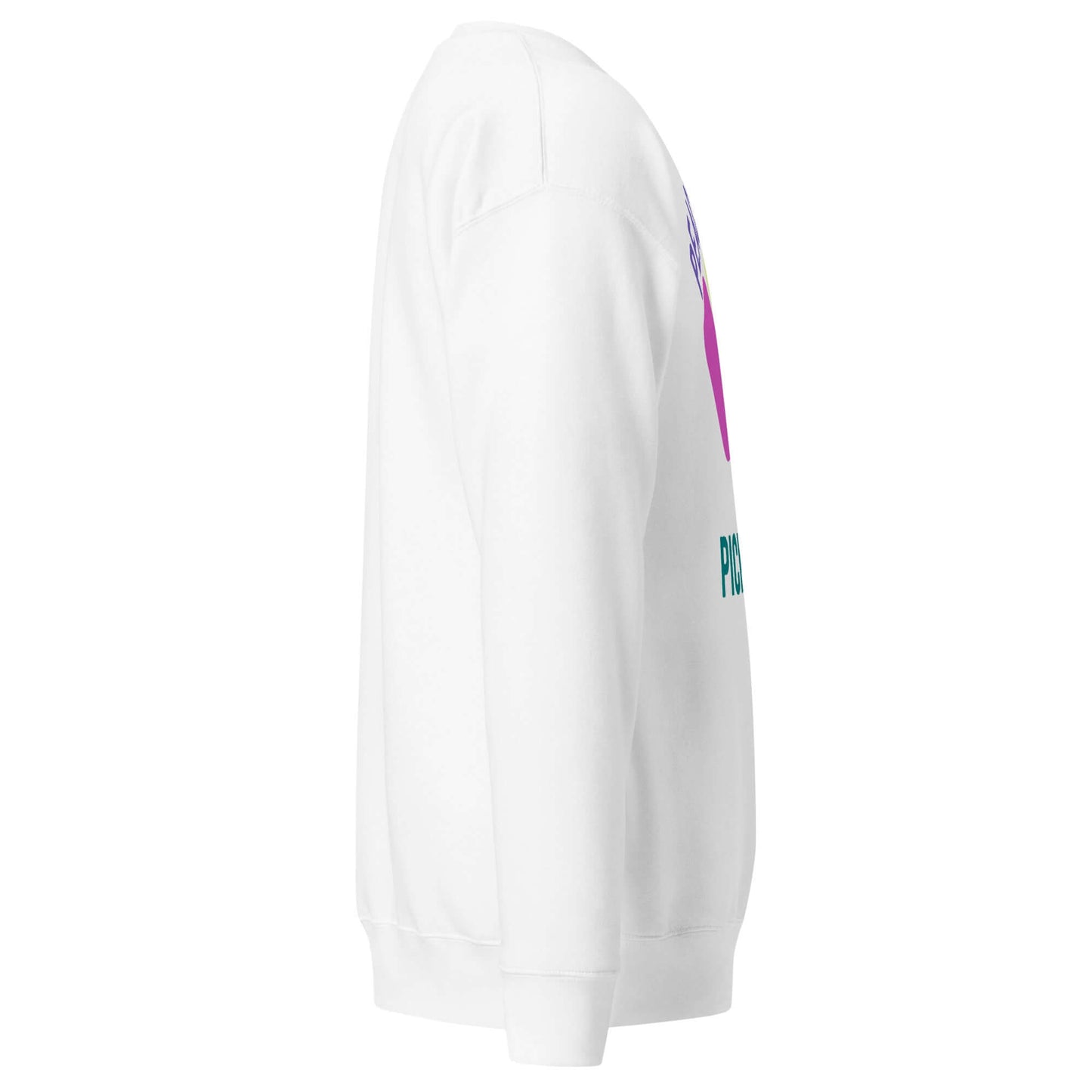 Side view of Women's Peace, Love, Pickleball Premium Sweatshirt in white, showcasing comfortable style for pickleball lovers.