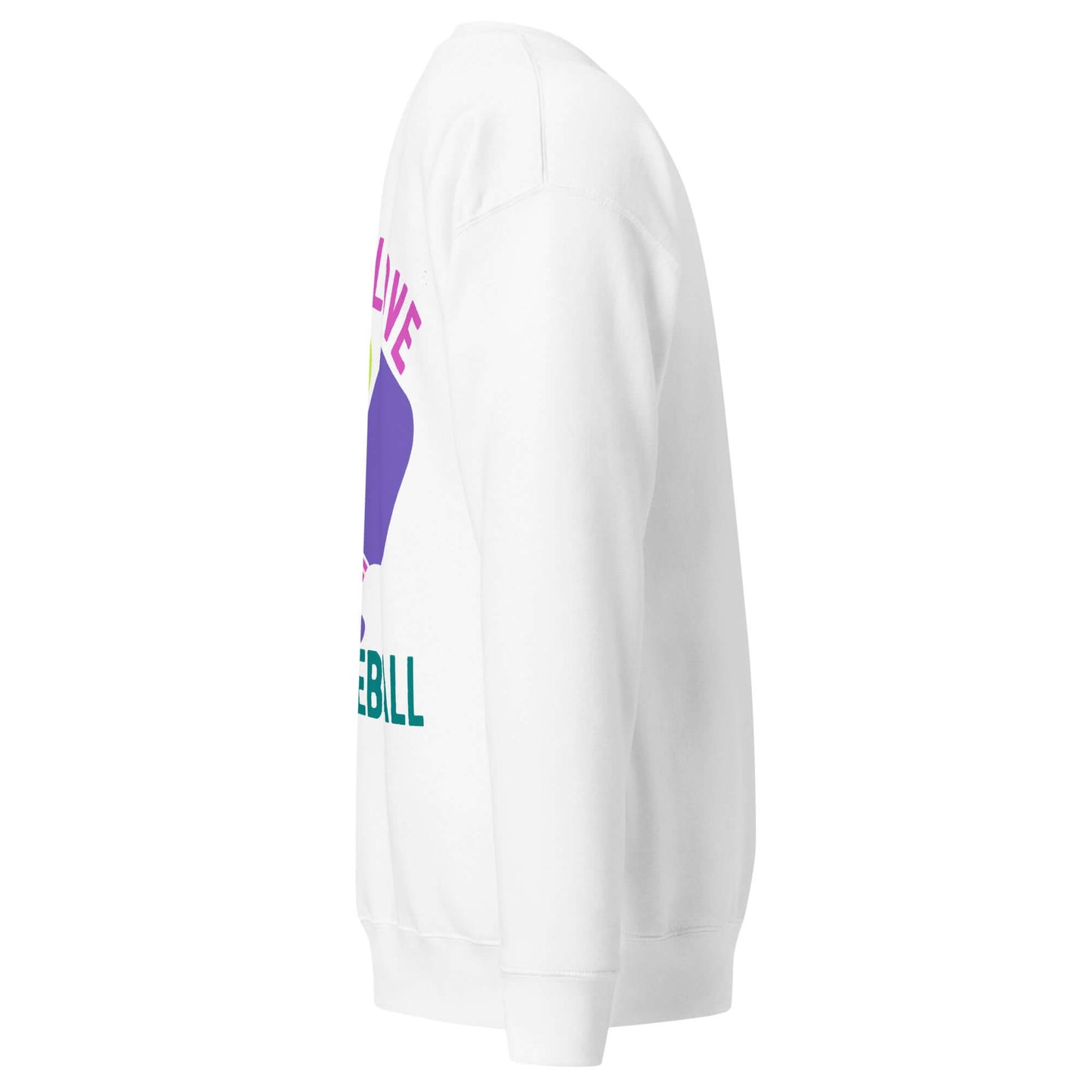 Side view of Women's Peace, Love, Pickleball Premium Sweatshirt showcasing vibrant graphics on a white background.