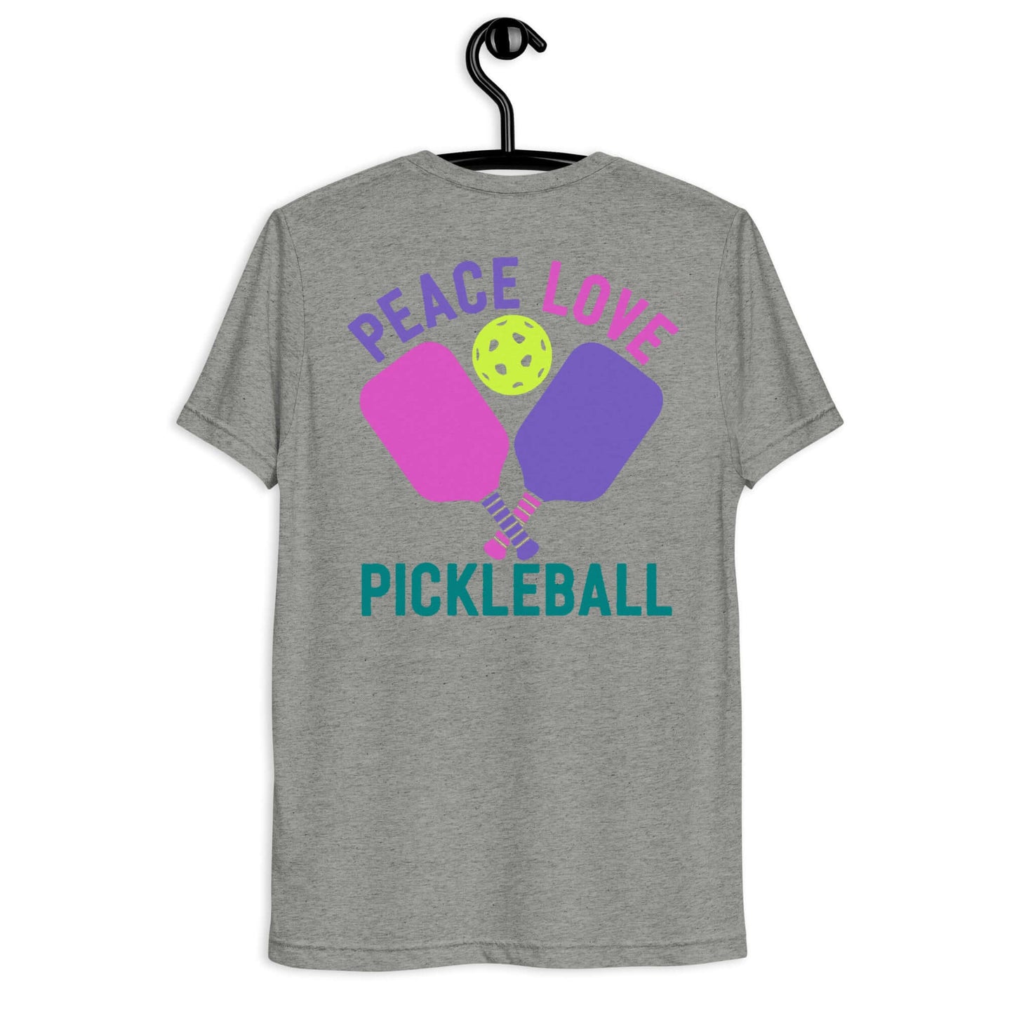 Back view of Women's Peace, Love, Pickleball Short Sleeve T-Shirt showcasing paddles and ball design.
