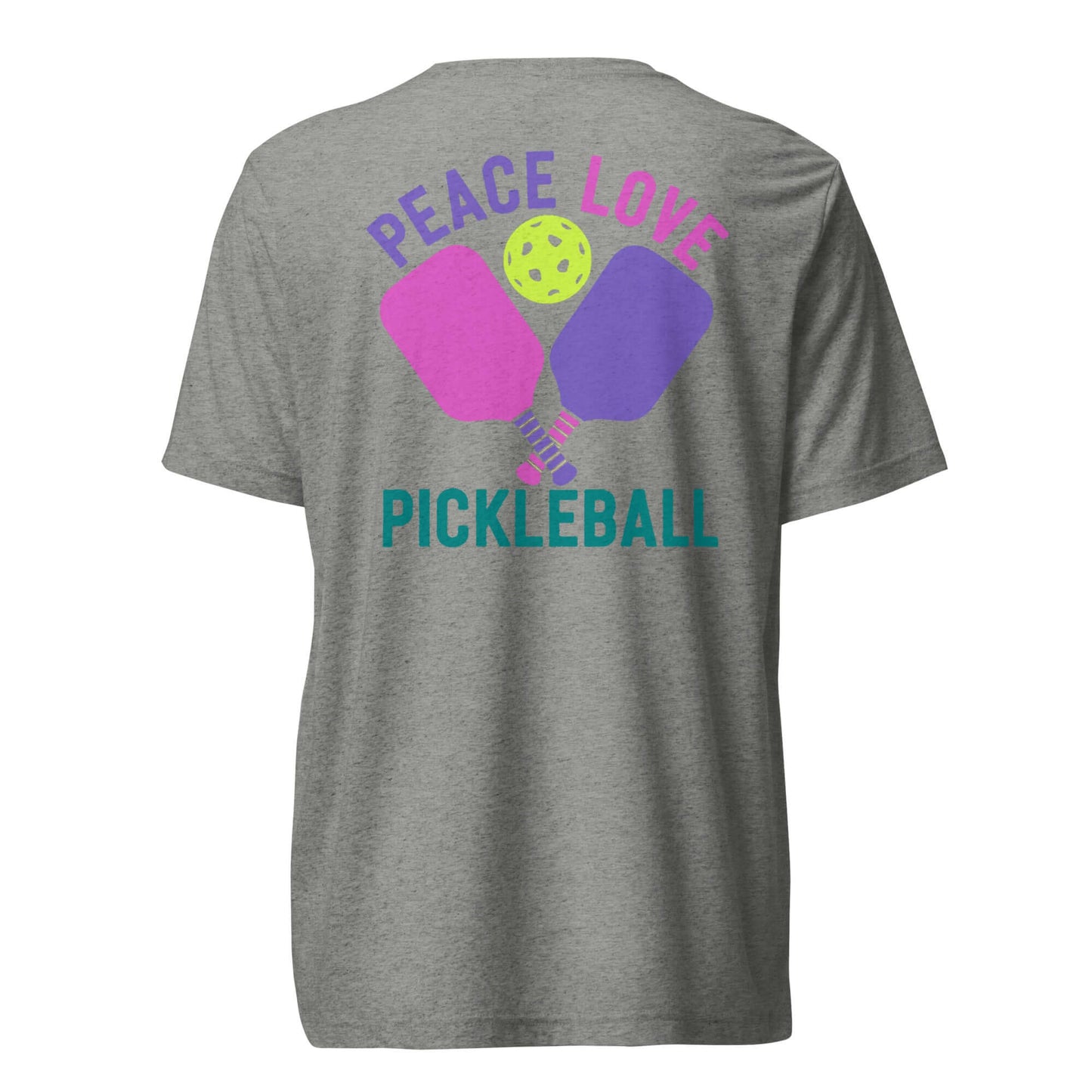 Back view of a Women's Pickleball T-Shirt featuring colorful paddles and the phrase 'Peace Love Pickleball'.